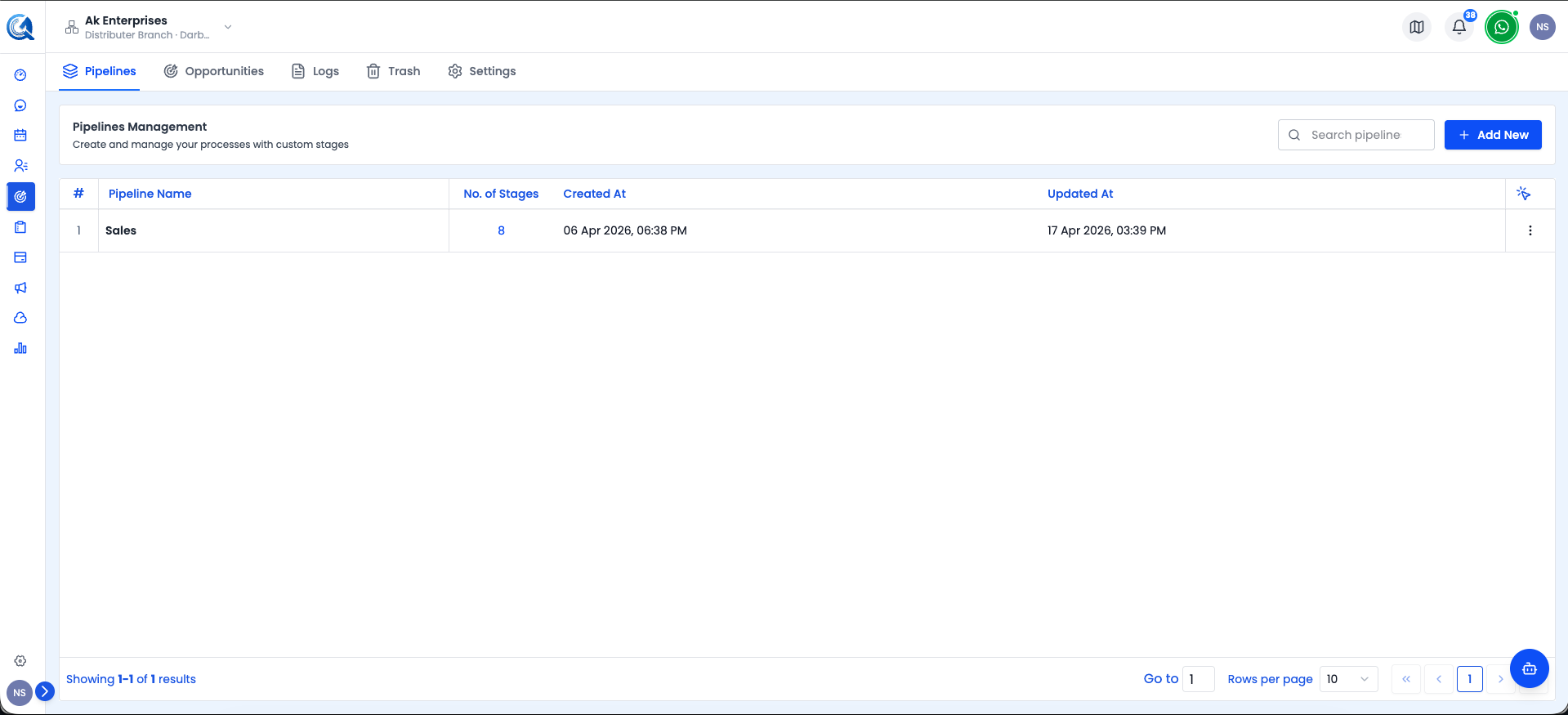 Pipelines tab in the Opportunities Settings page