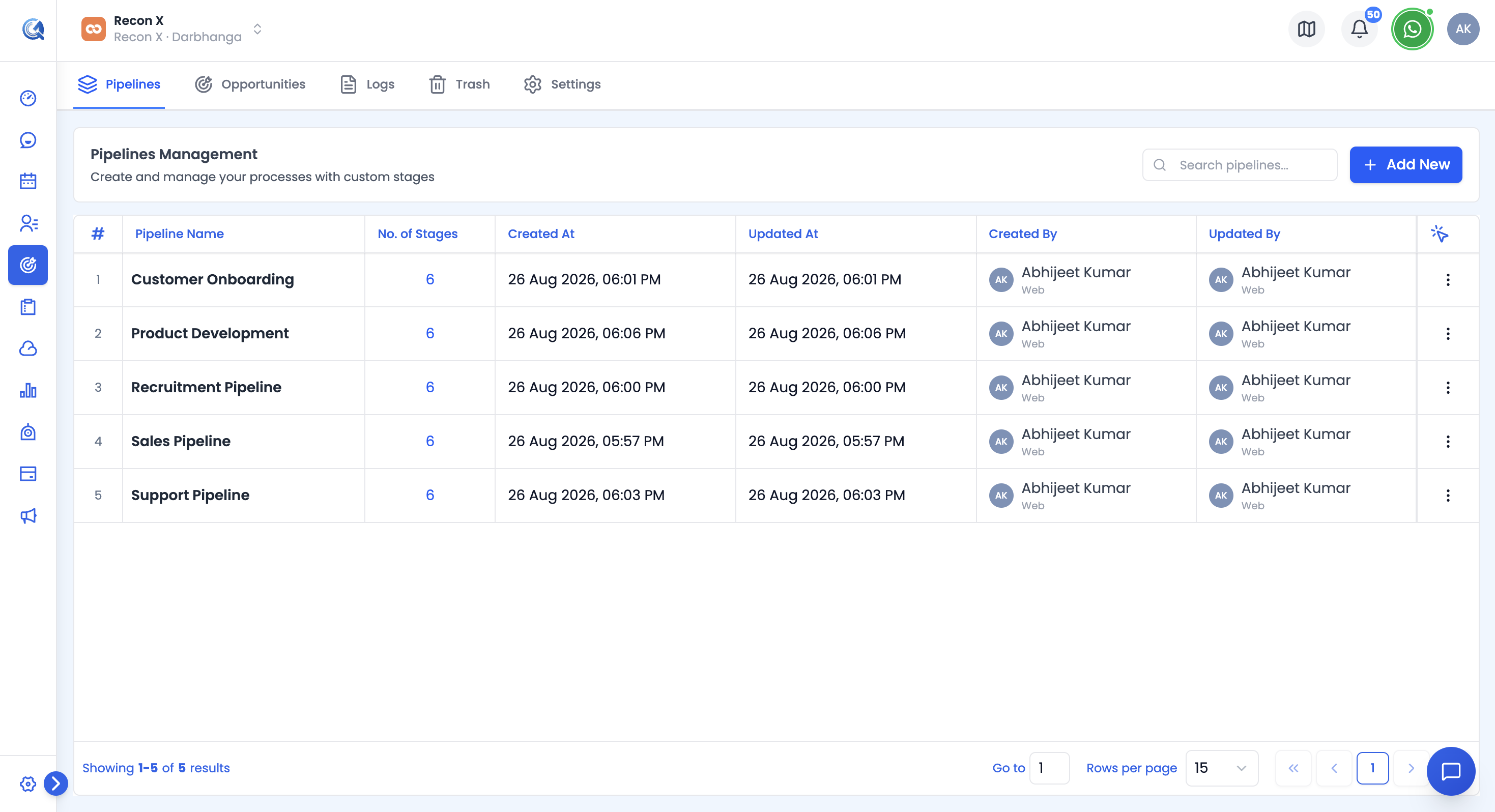 Pipelines tab in the Opportunities Settings page