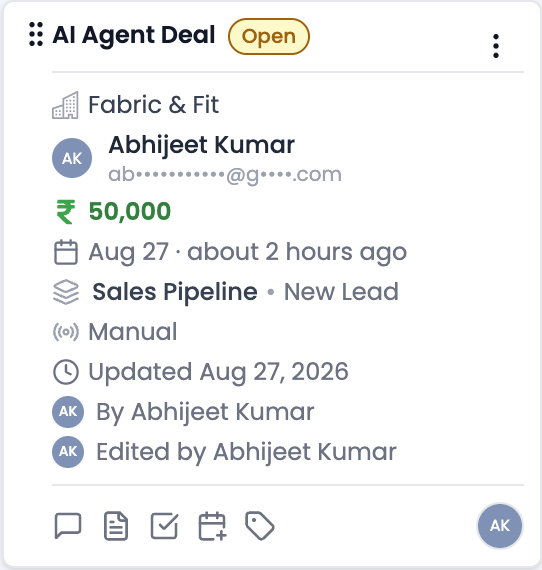 Deal card on the Pipeline Board showing name, contact, value, owner, priority, and tags