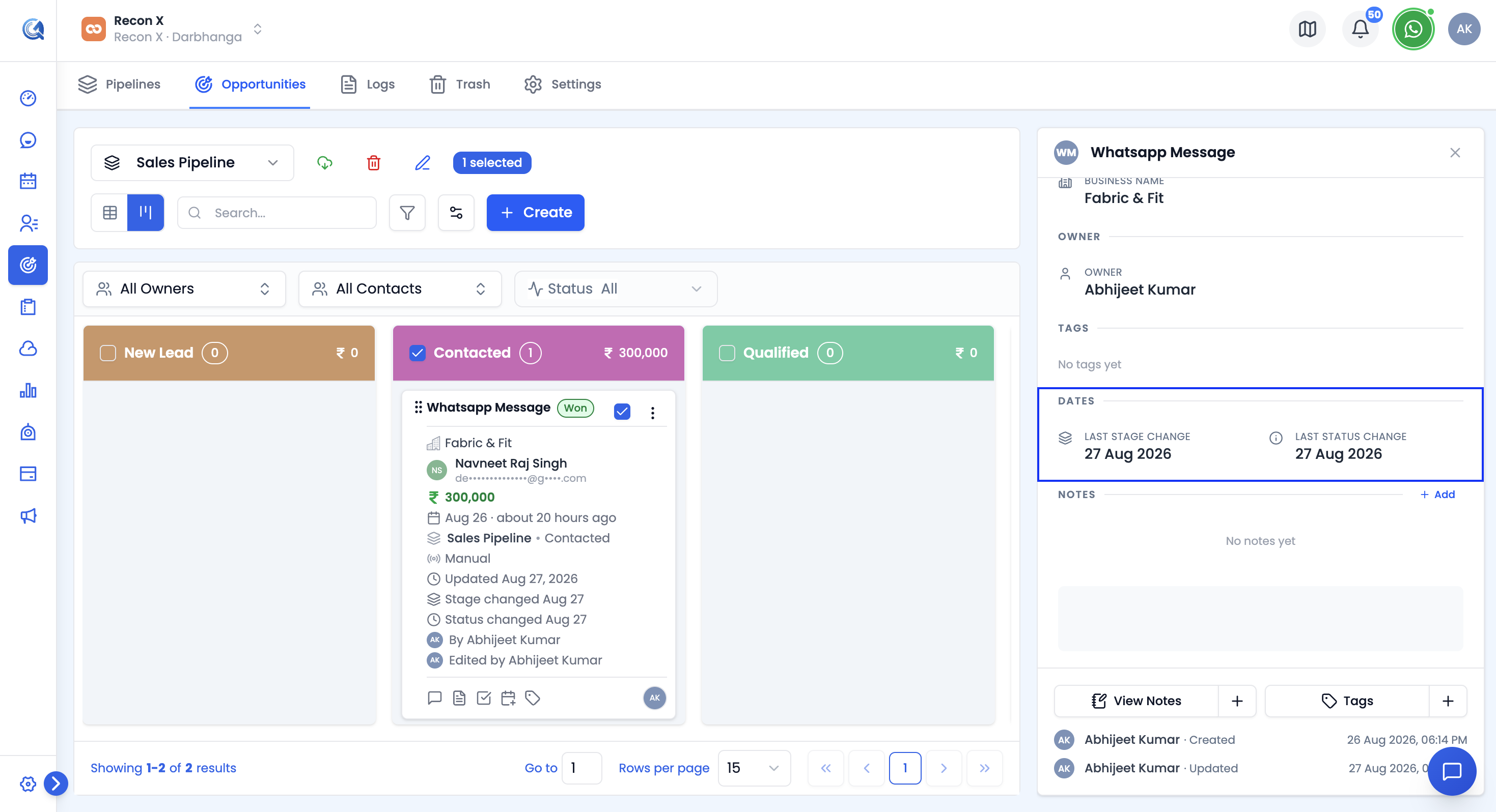 Deal detail panel showing Last Stage Change and Last Status Change timestamps