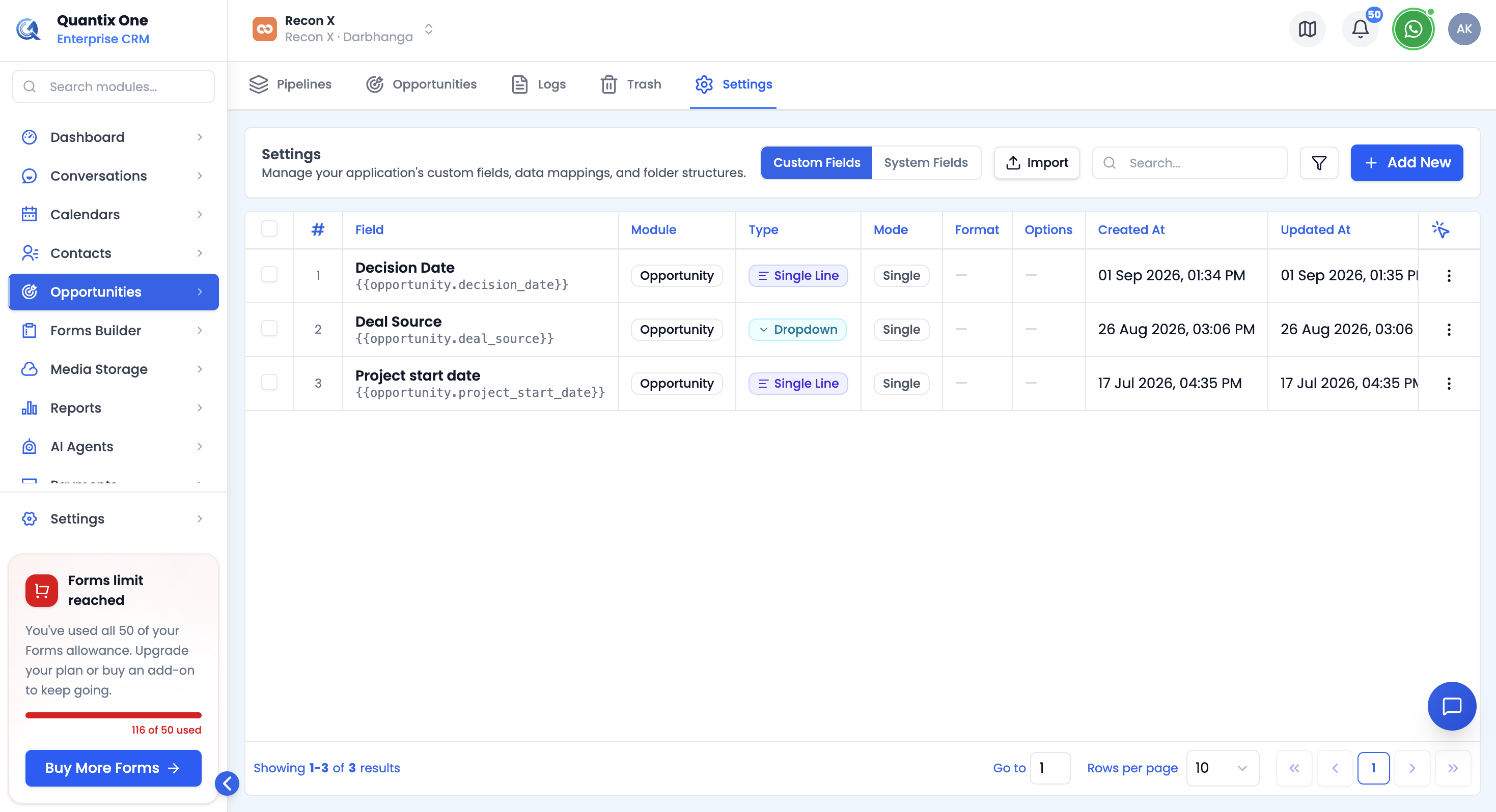 Custom Fields tab in the Opportunities Settings page listing all custom fields