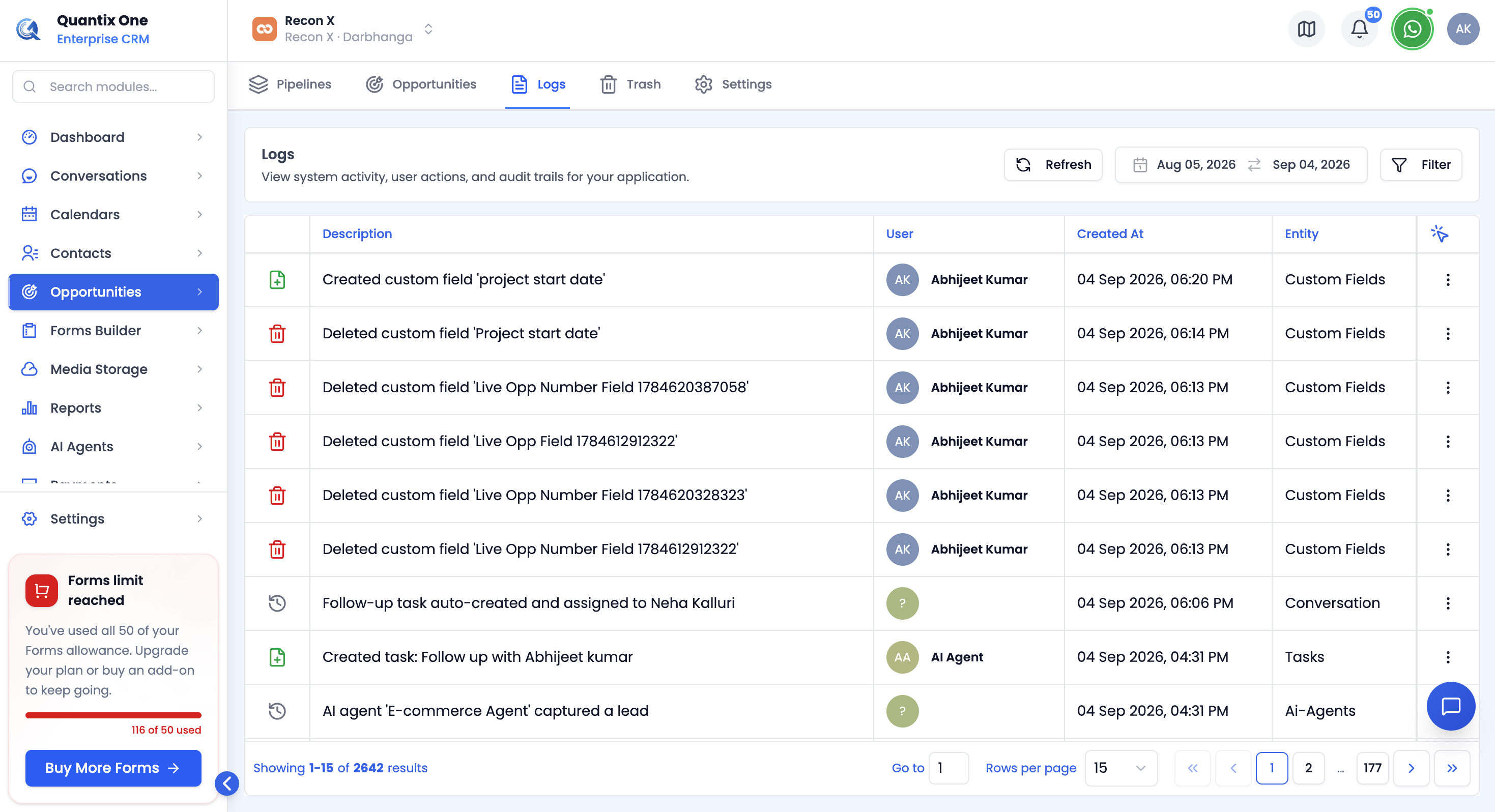 Logs page showing the audit trail table with action, description, user, timestamp, and entity columns