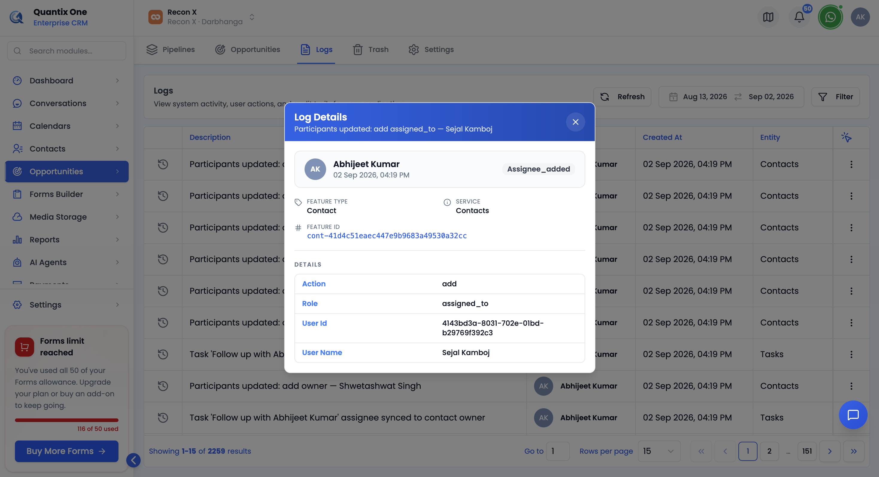 Log entry details dialog showing the user, timestamp, feature type, service, feature ID, and changes table