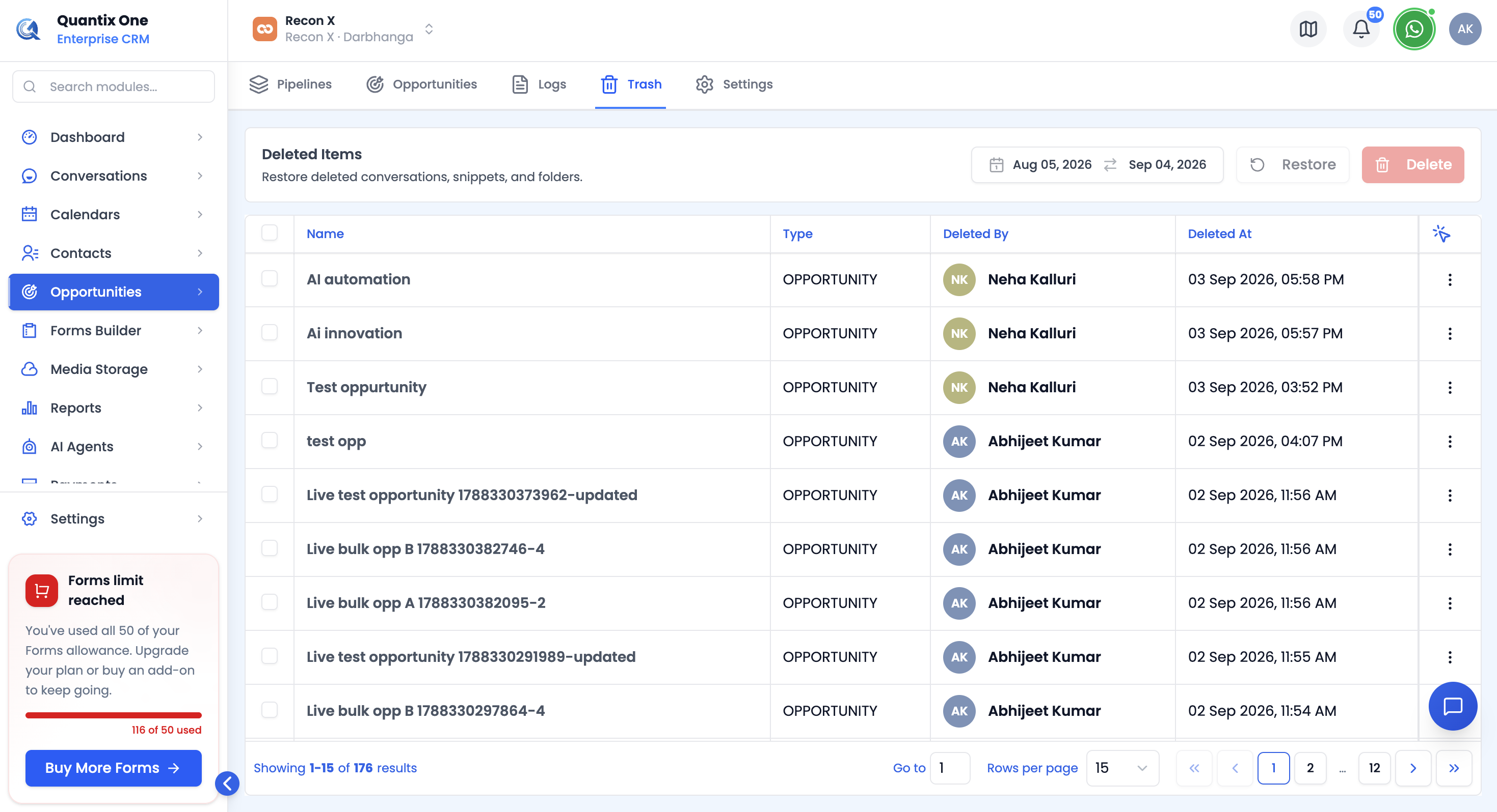 Trash page showing the deleted items table with name, type, deleted by, and deleted at columns