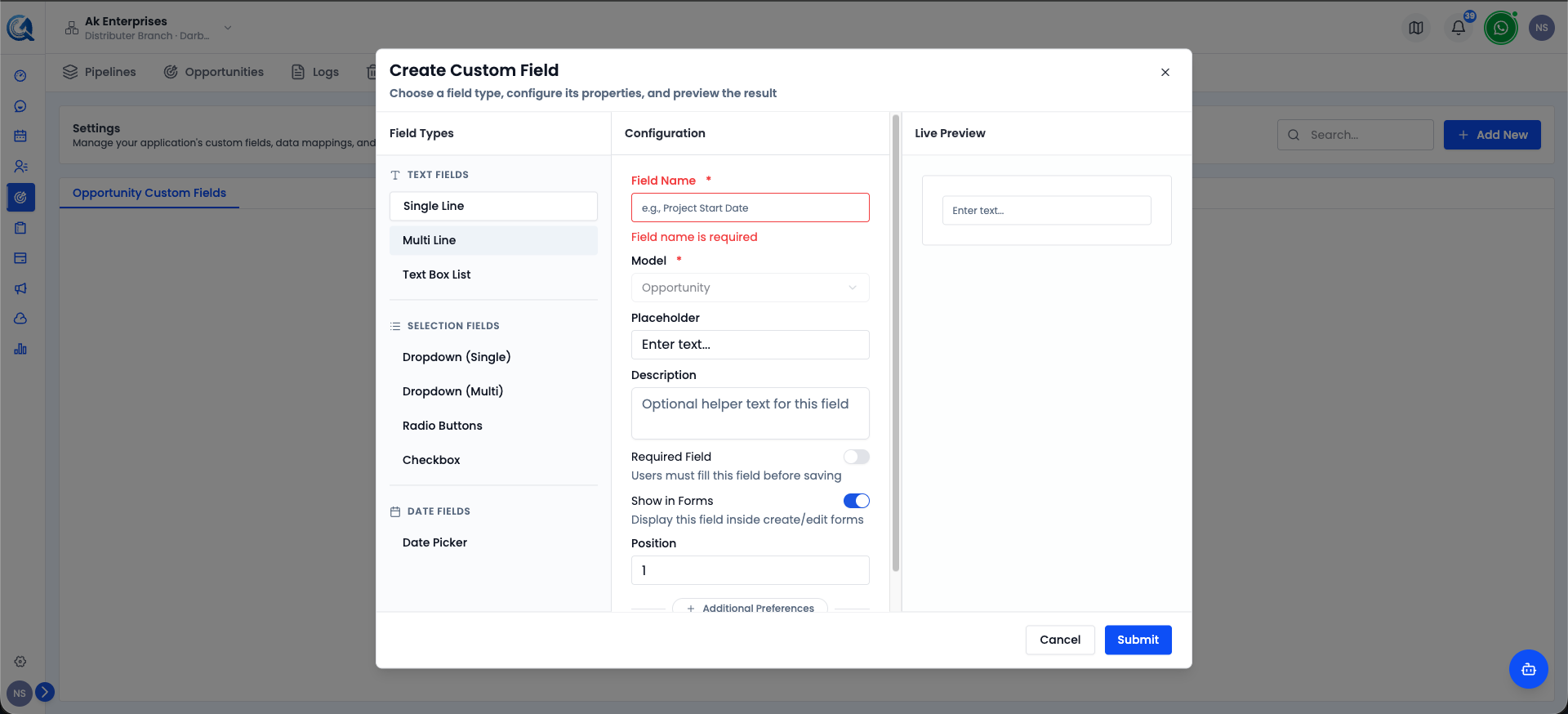 Creating a Custom Field
