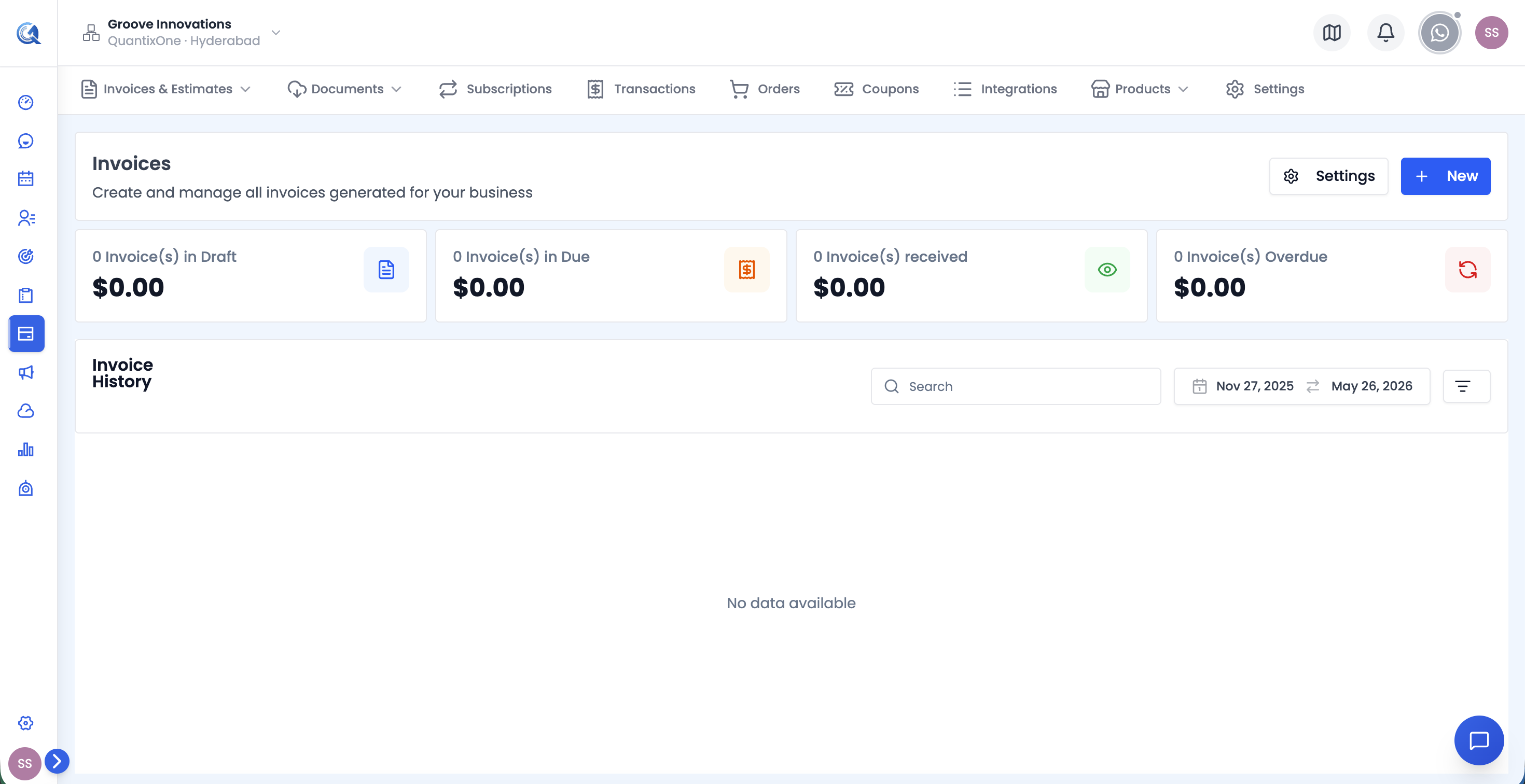 Payments module main view showing the top navigation tabs for all sections