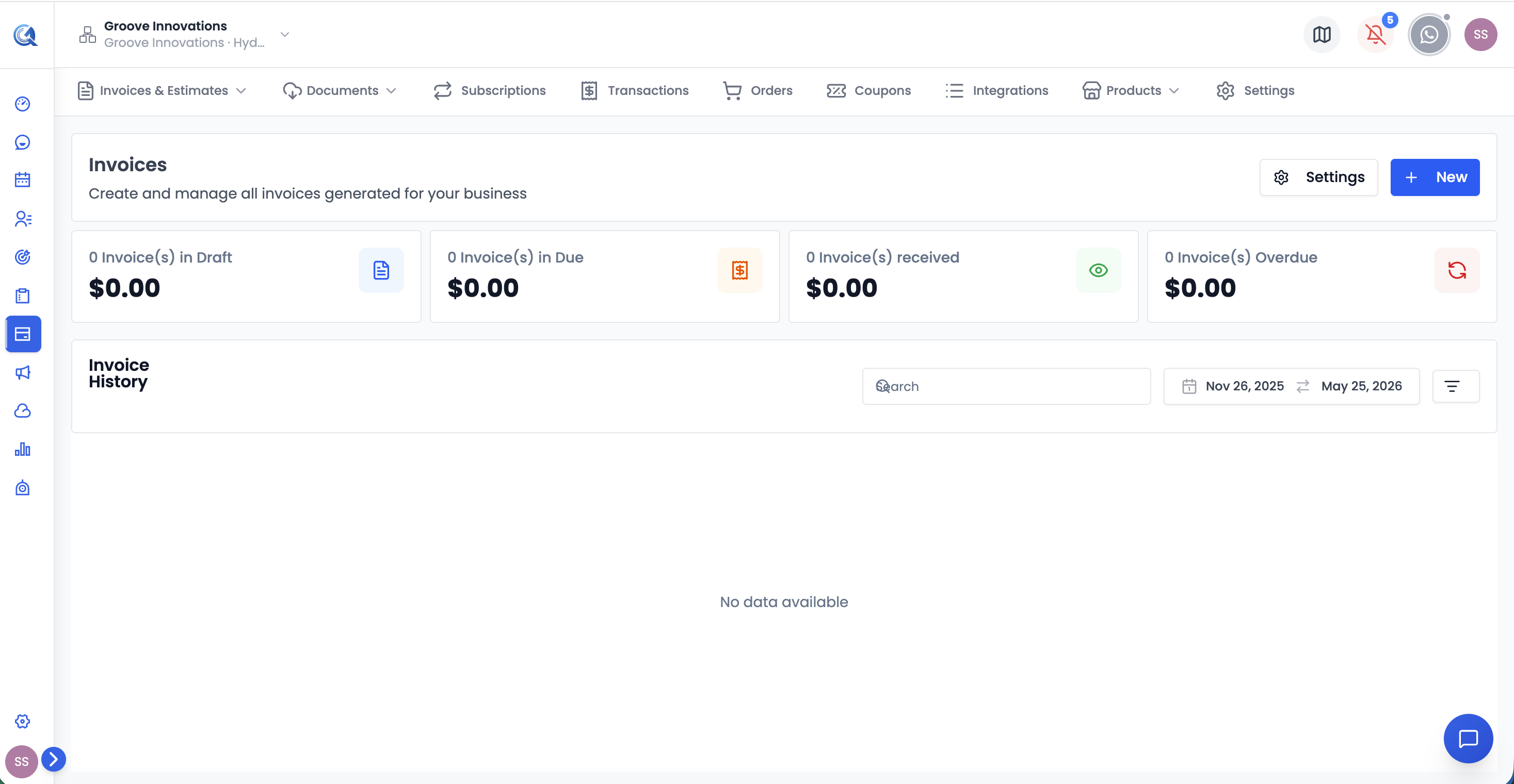 Invoices section showing KPI cards and invoice list