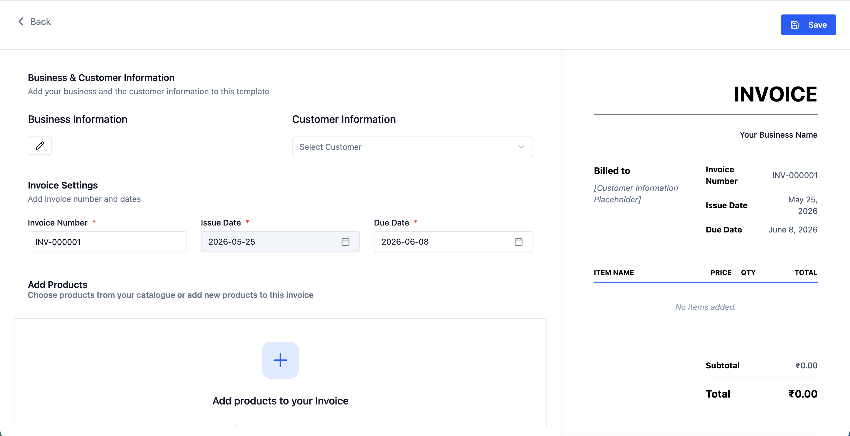 Invoice creation form showing line items and payment settings