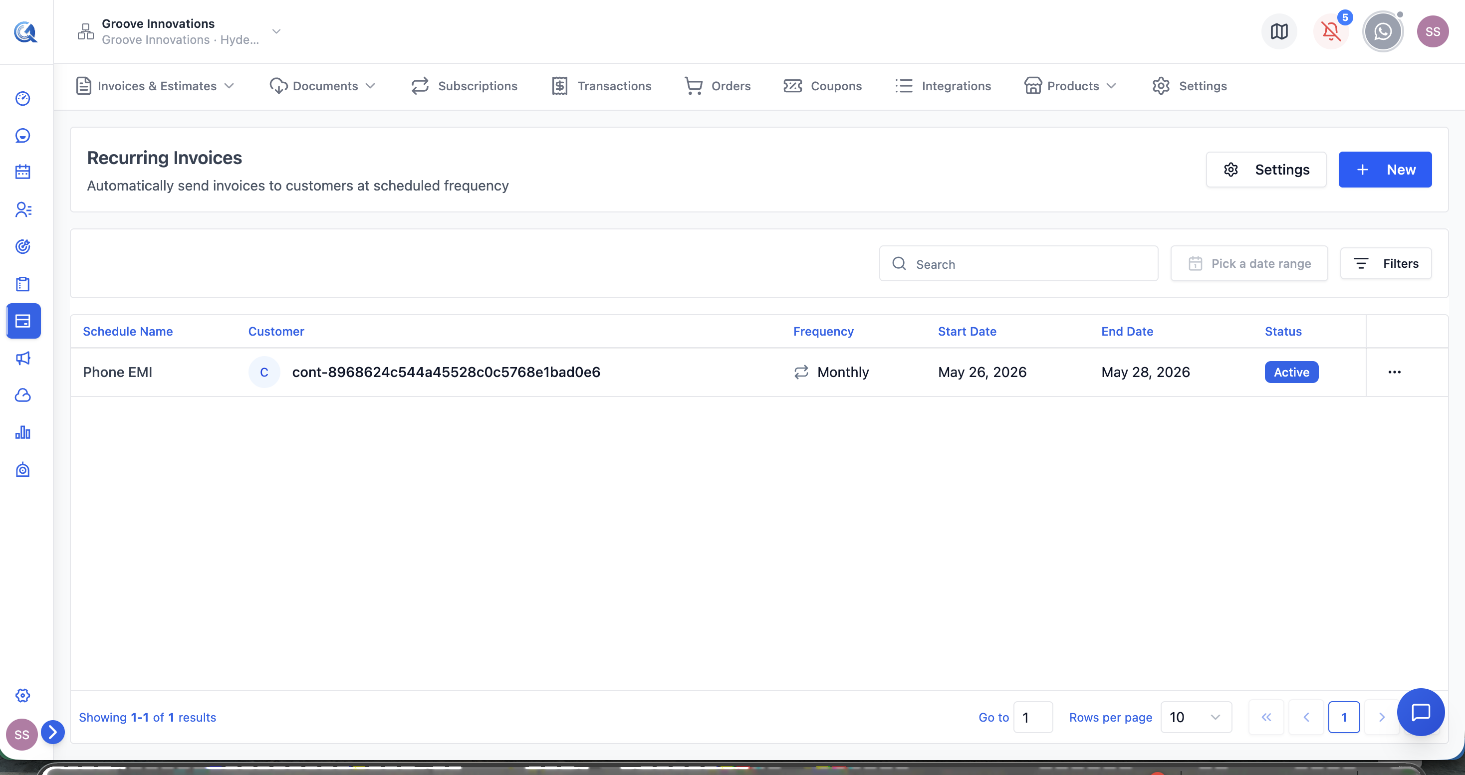Recurring Invoices list view showing all schedules with their status