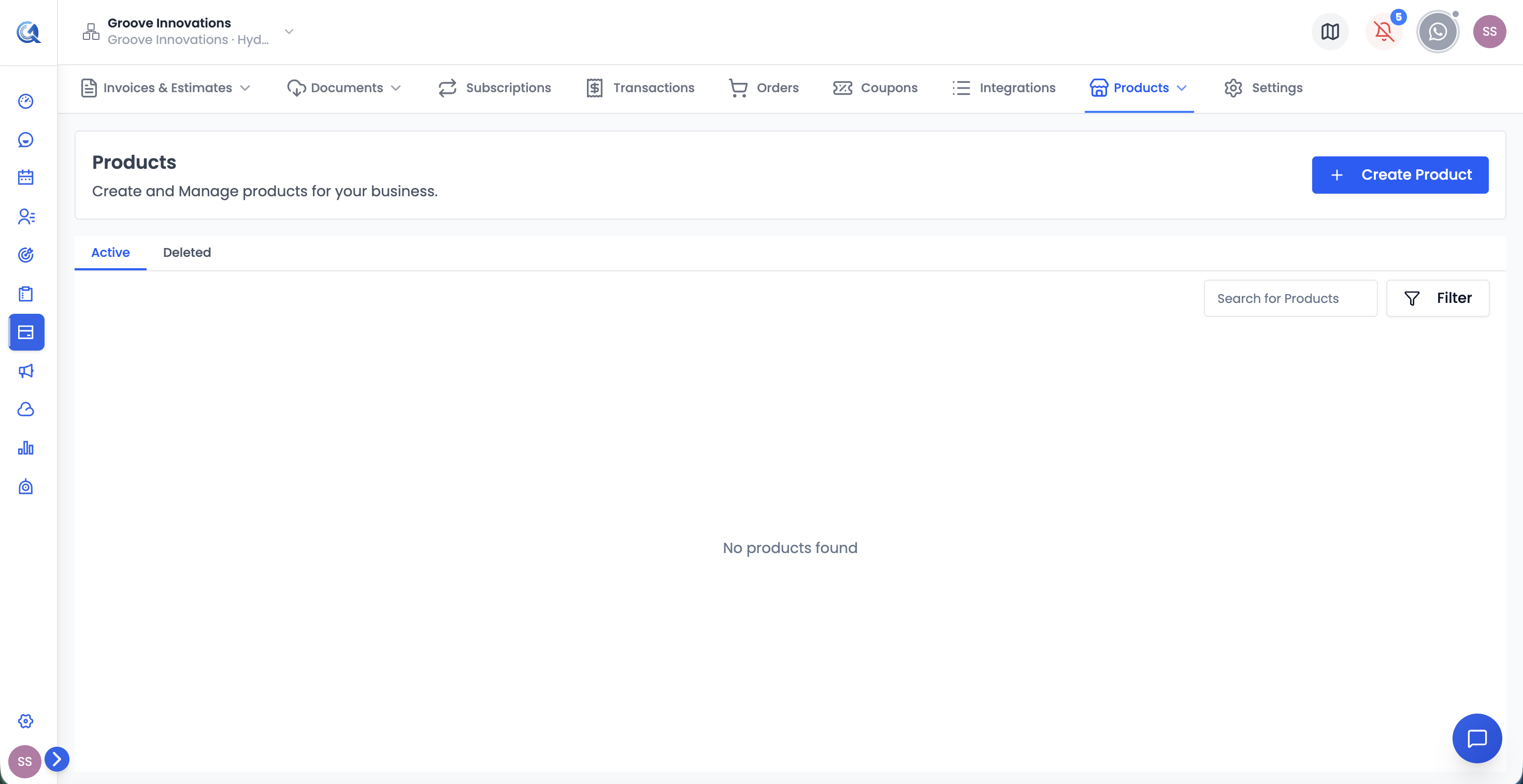 Products list showing the product catalogue with pricing and status