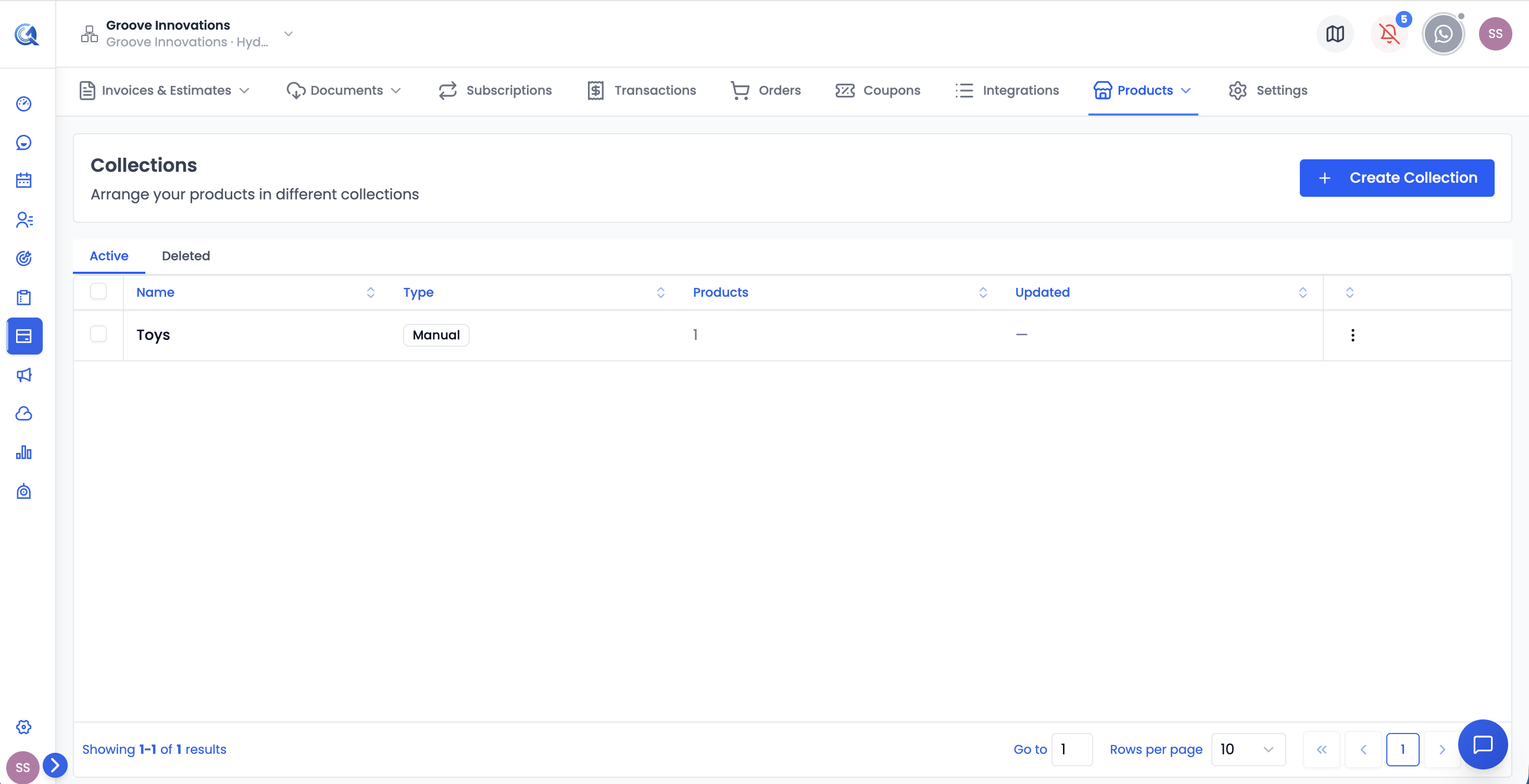Collections list showing name, type, product count, and last updated columns