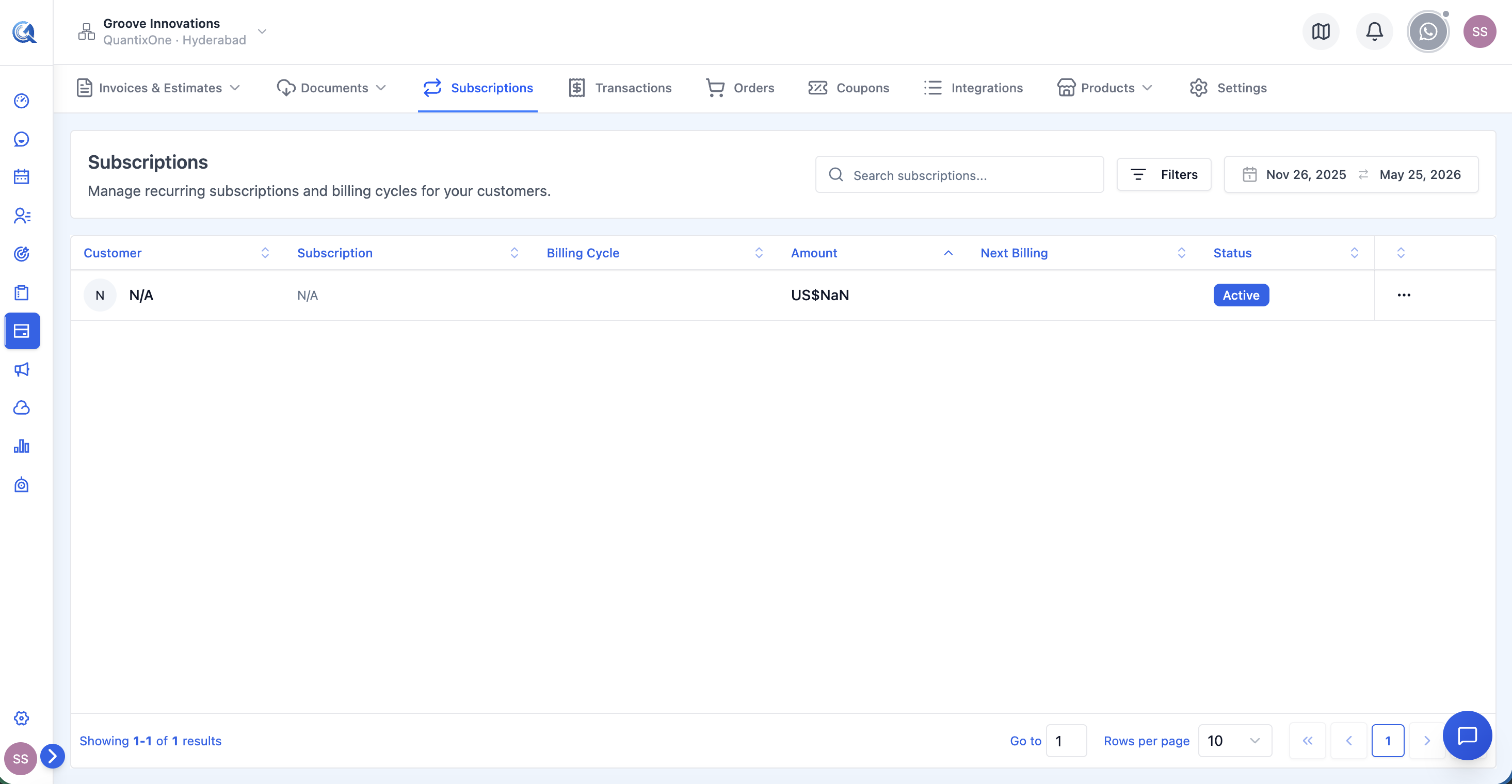 Subscriptions list view with status and provider columns