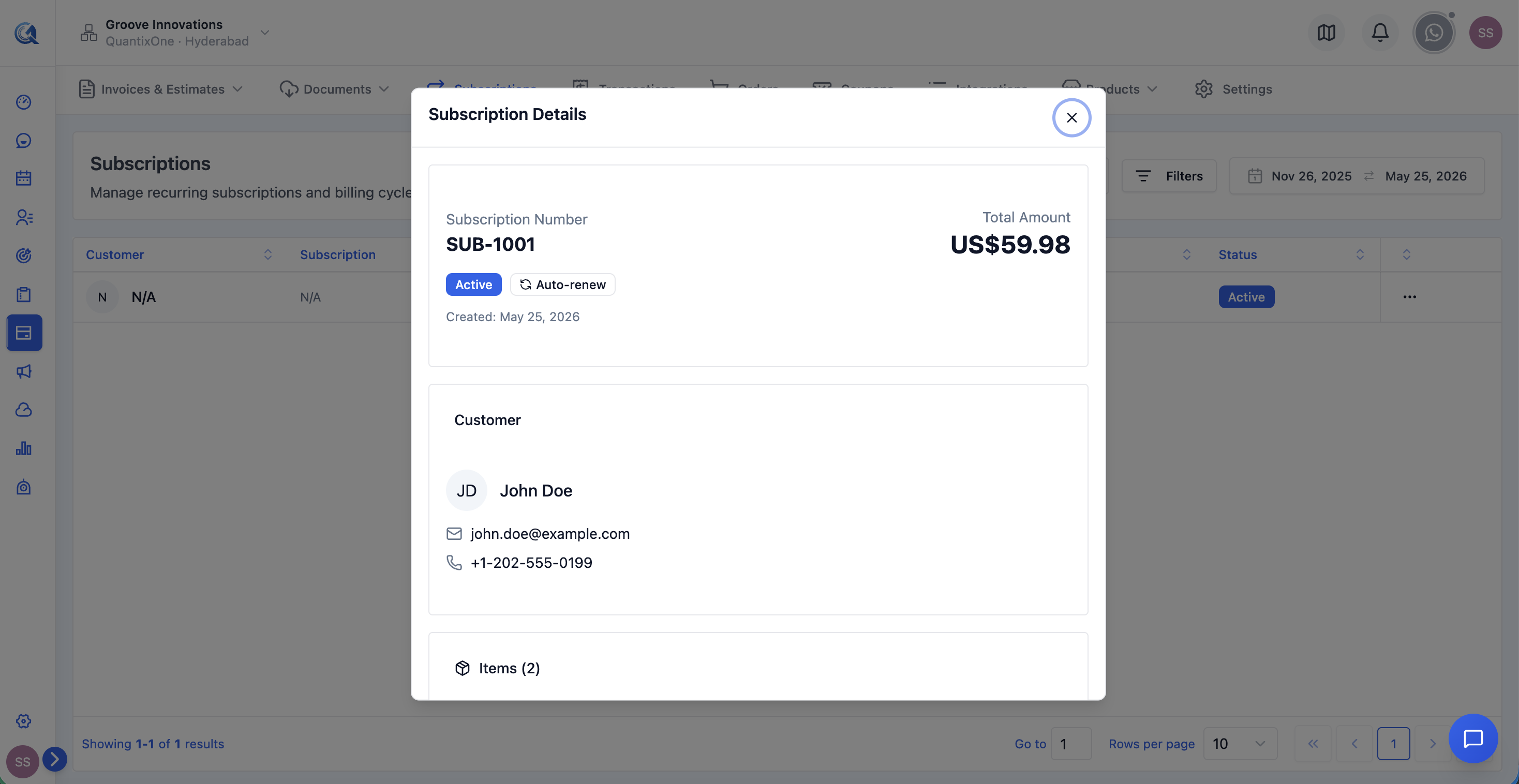 View Subscription dialog showing contact info, product name, billing cycle, next billing date, payment method, and status