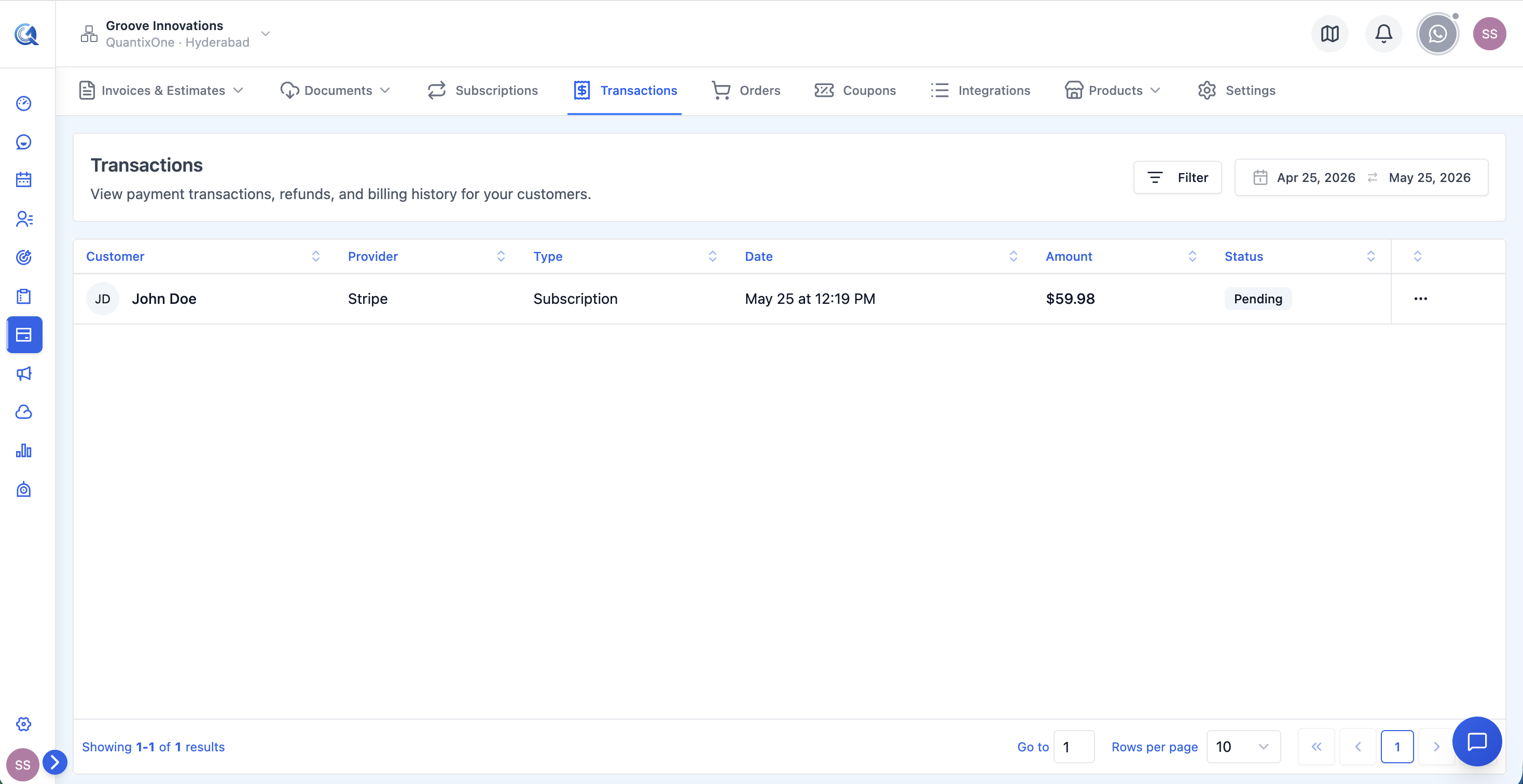 Transactions list showing contact, amount, payment method, date, and status columns
