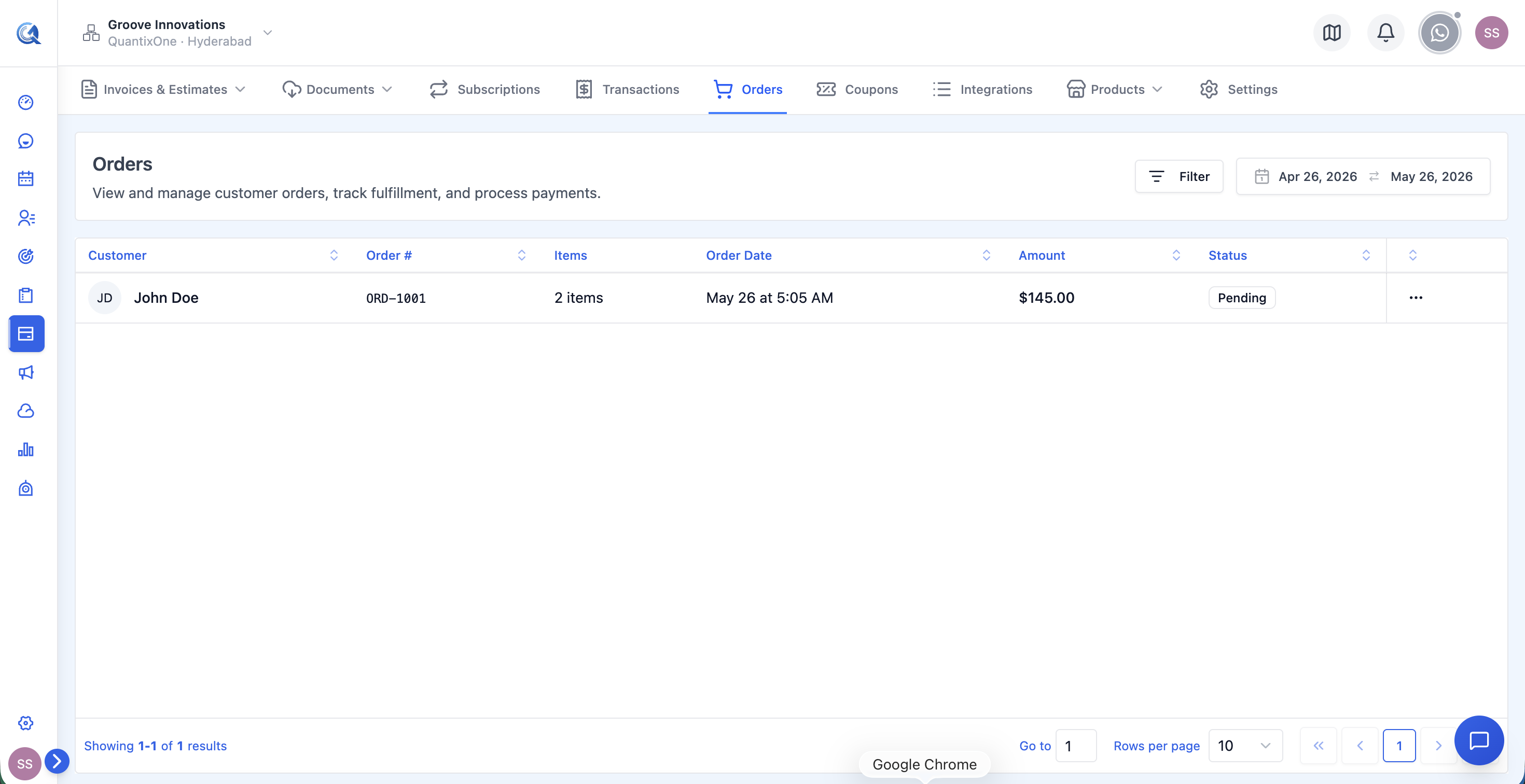 Orders list showing customer, order number, item count, date, amount, and status columns