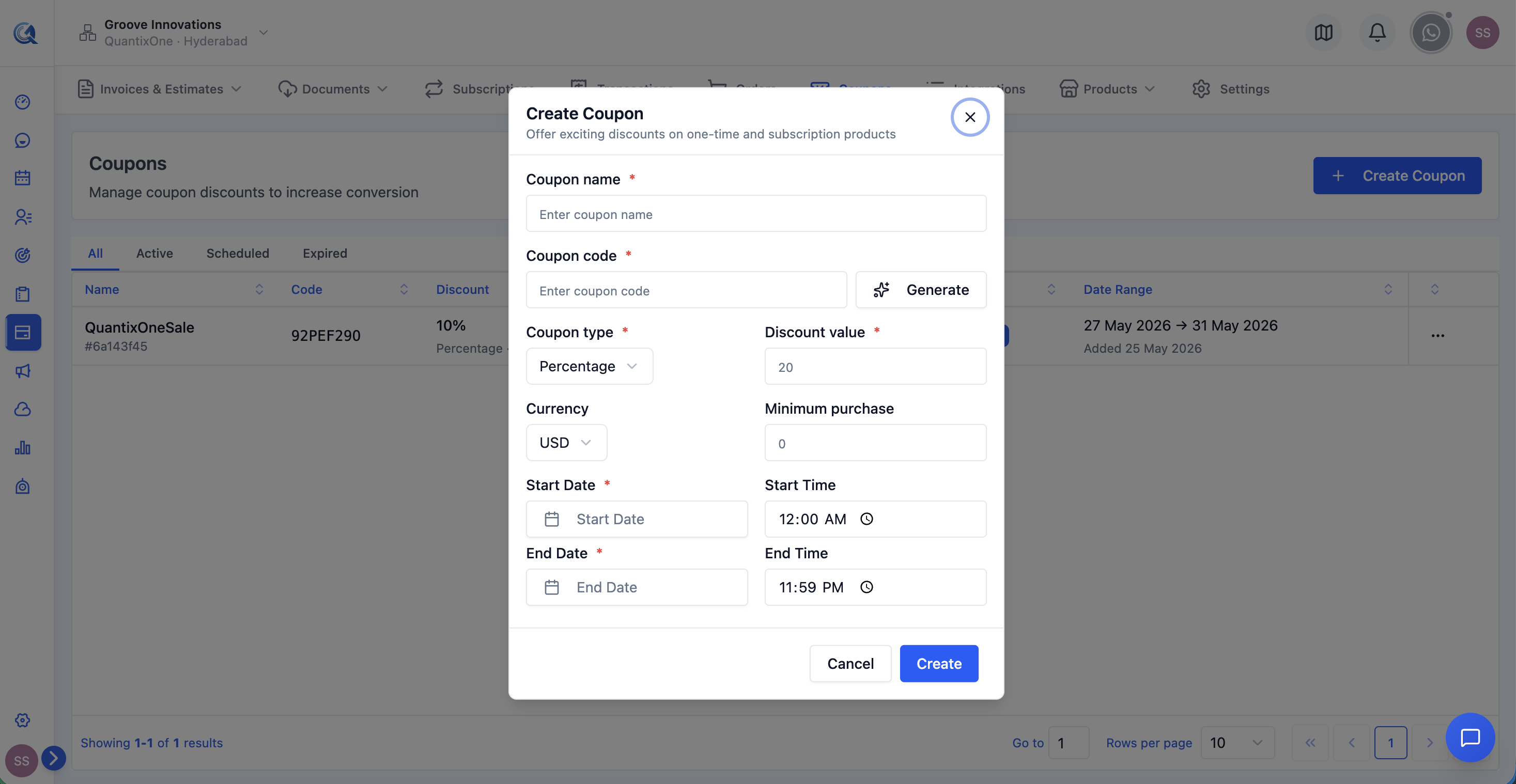 Create coupon dialog showing the full form with discount type, date fields, and redemption settings
