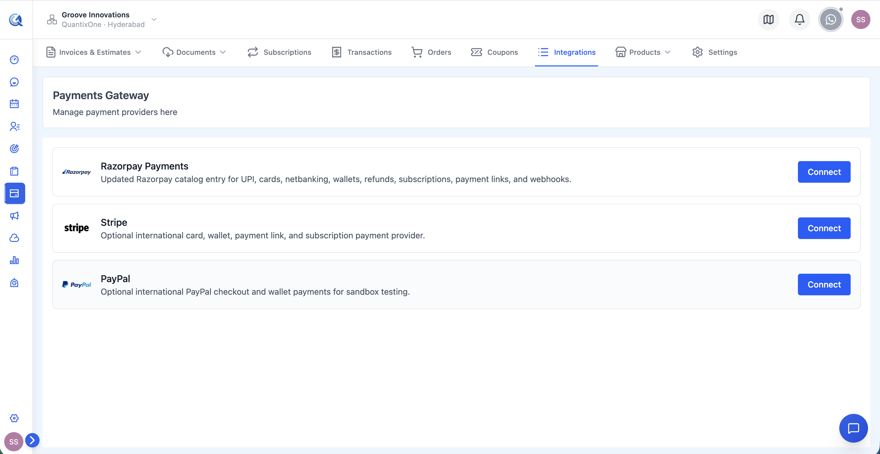 Integrations page showing provider cards with Connect buttons