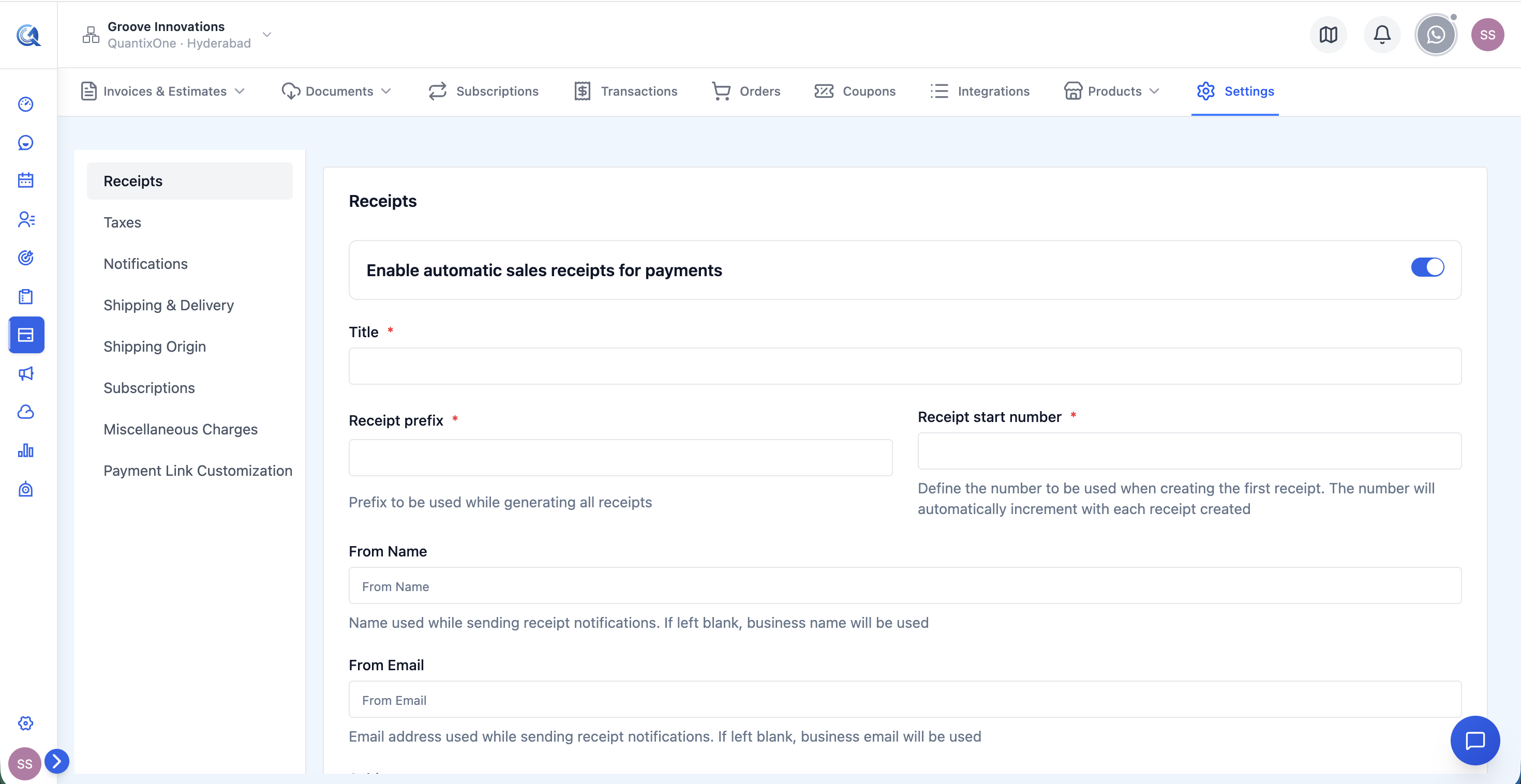 Payments Settings page showing the Receipts configuration section