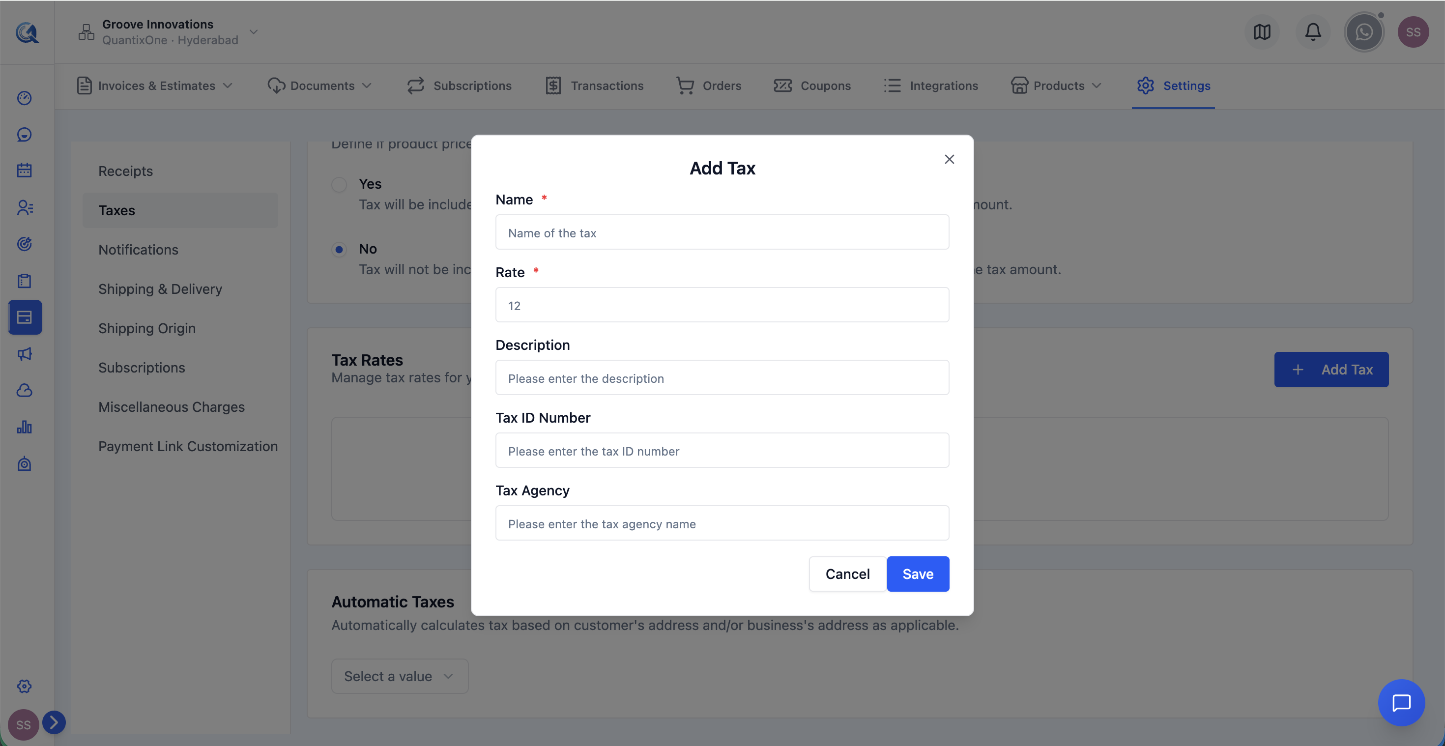 Add Tax Rate dialog showing the name, rate, and description fields