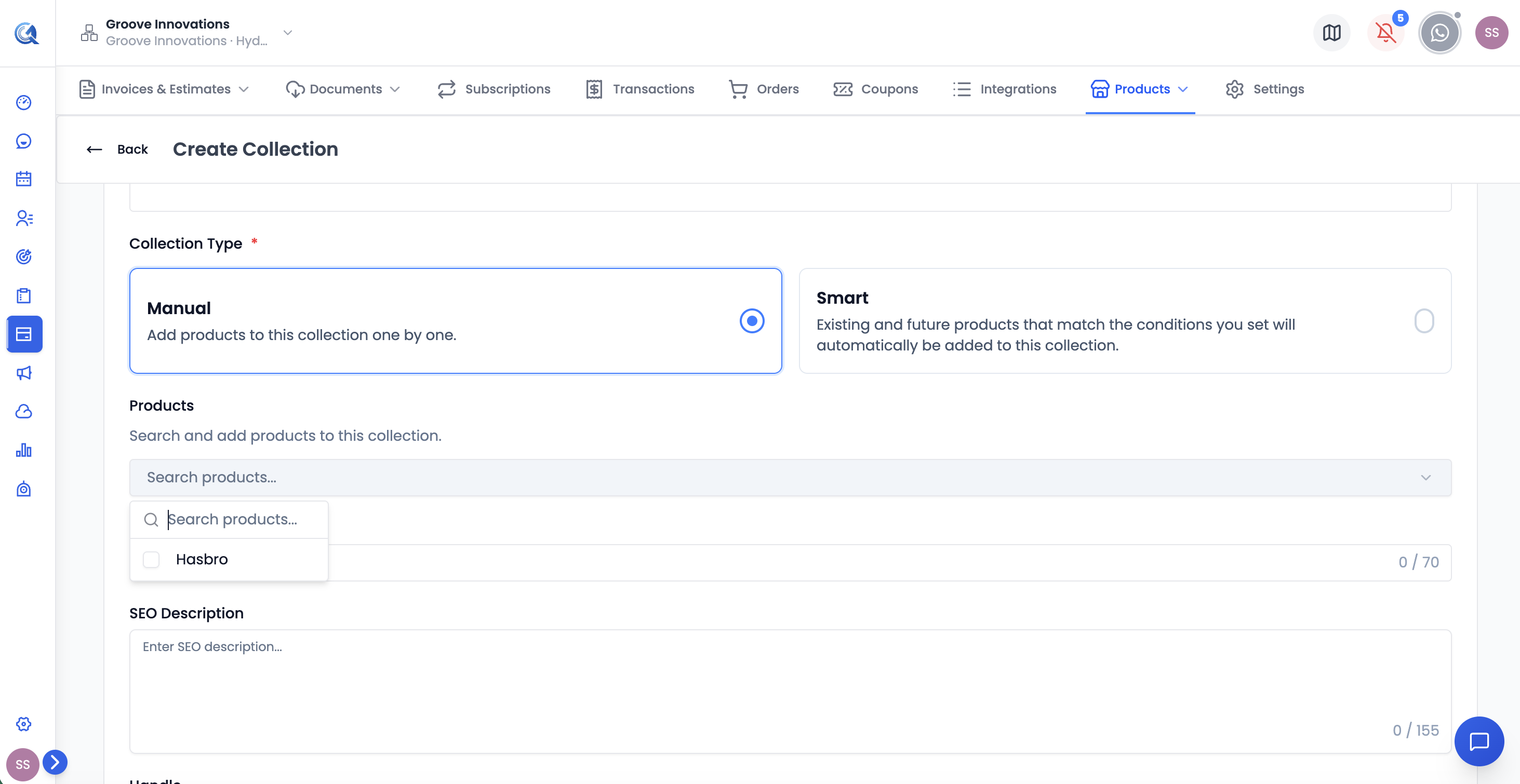 Manual collection form showing product search field with selected products as badges