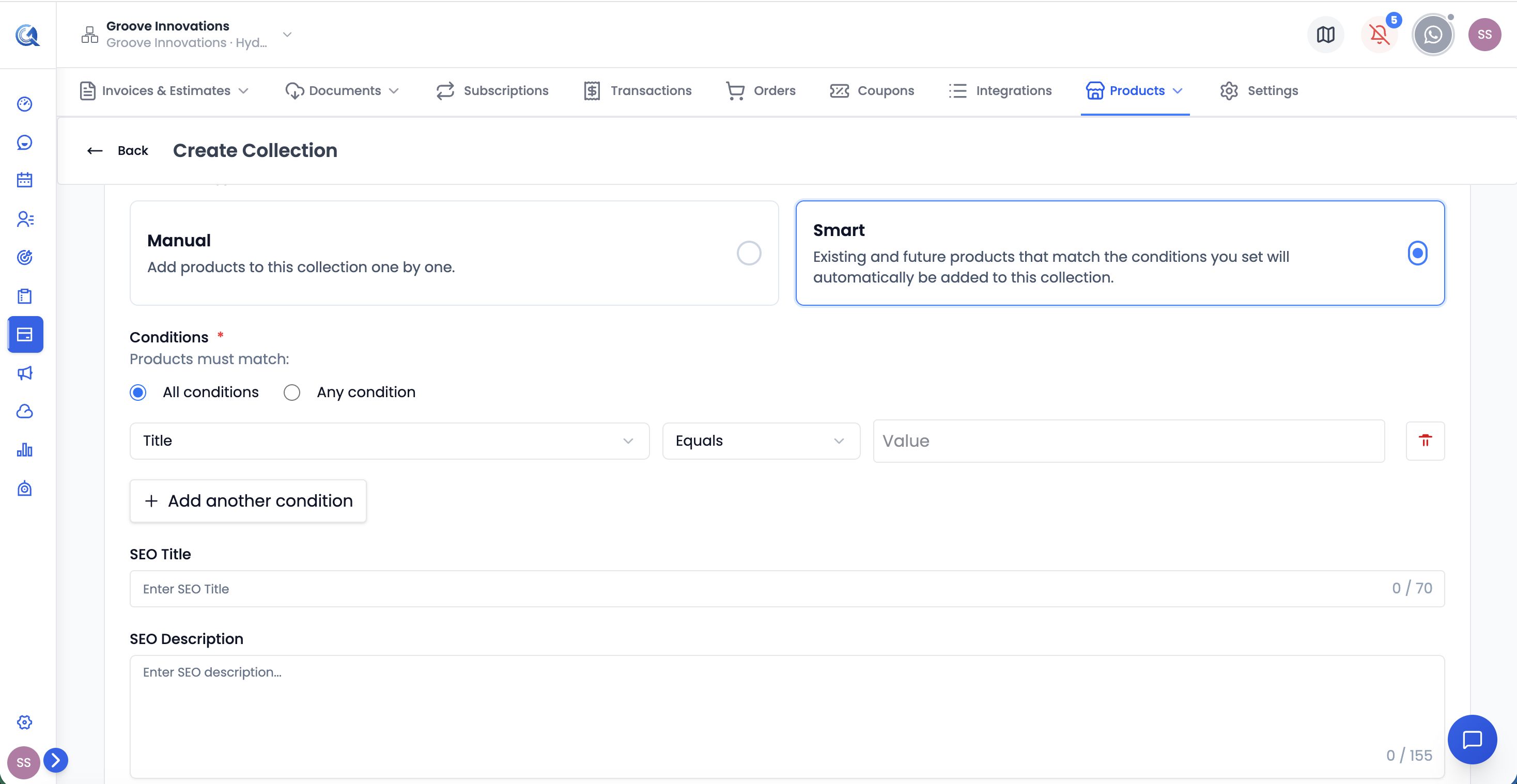 Smart collection form showing condition builder with field, operator, and value dropdowns