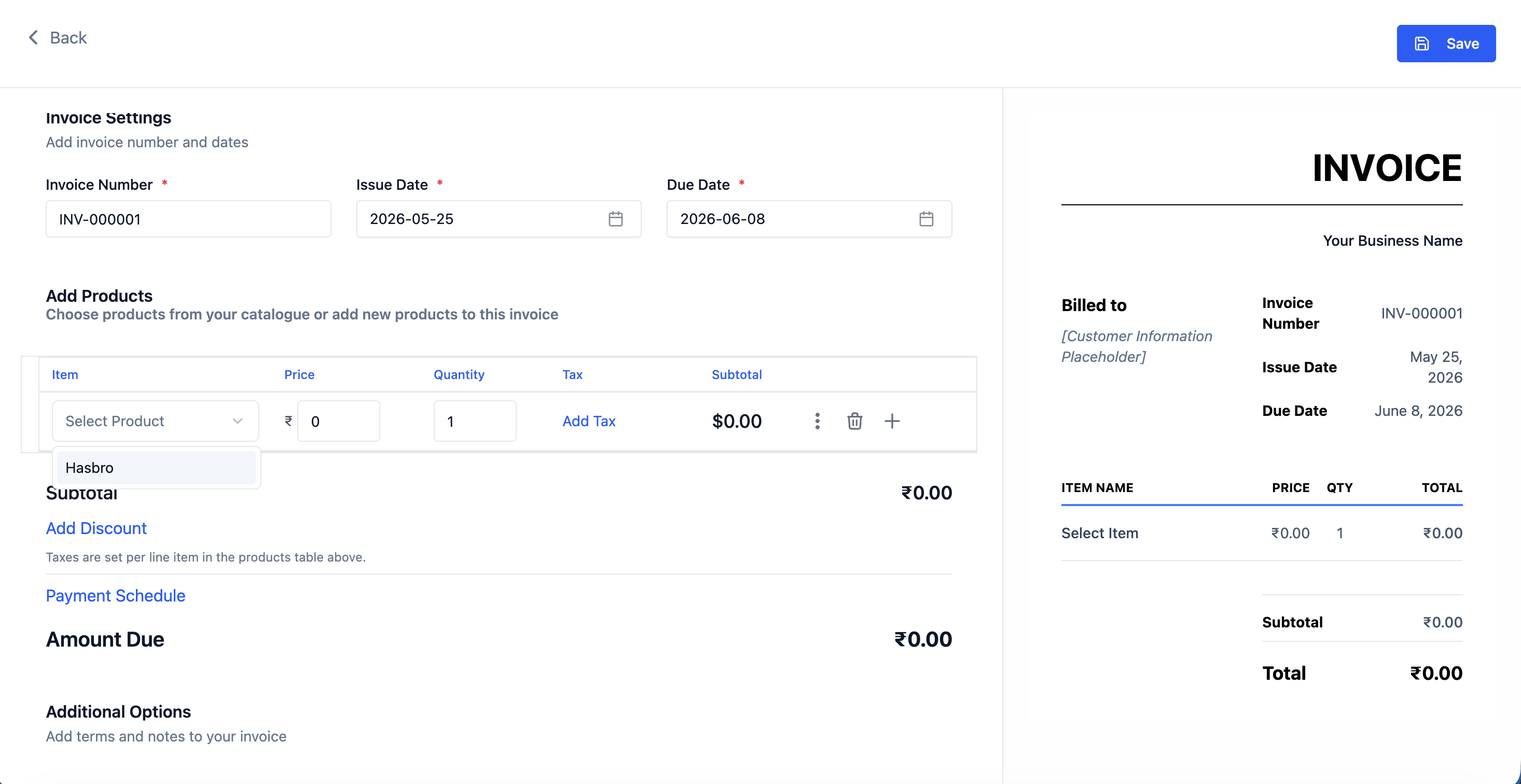 Invoice line item row showing description, quantity, unit price, tax rate, and total fields