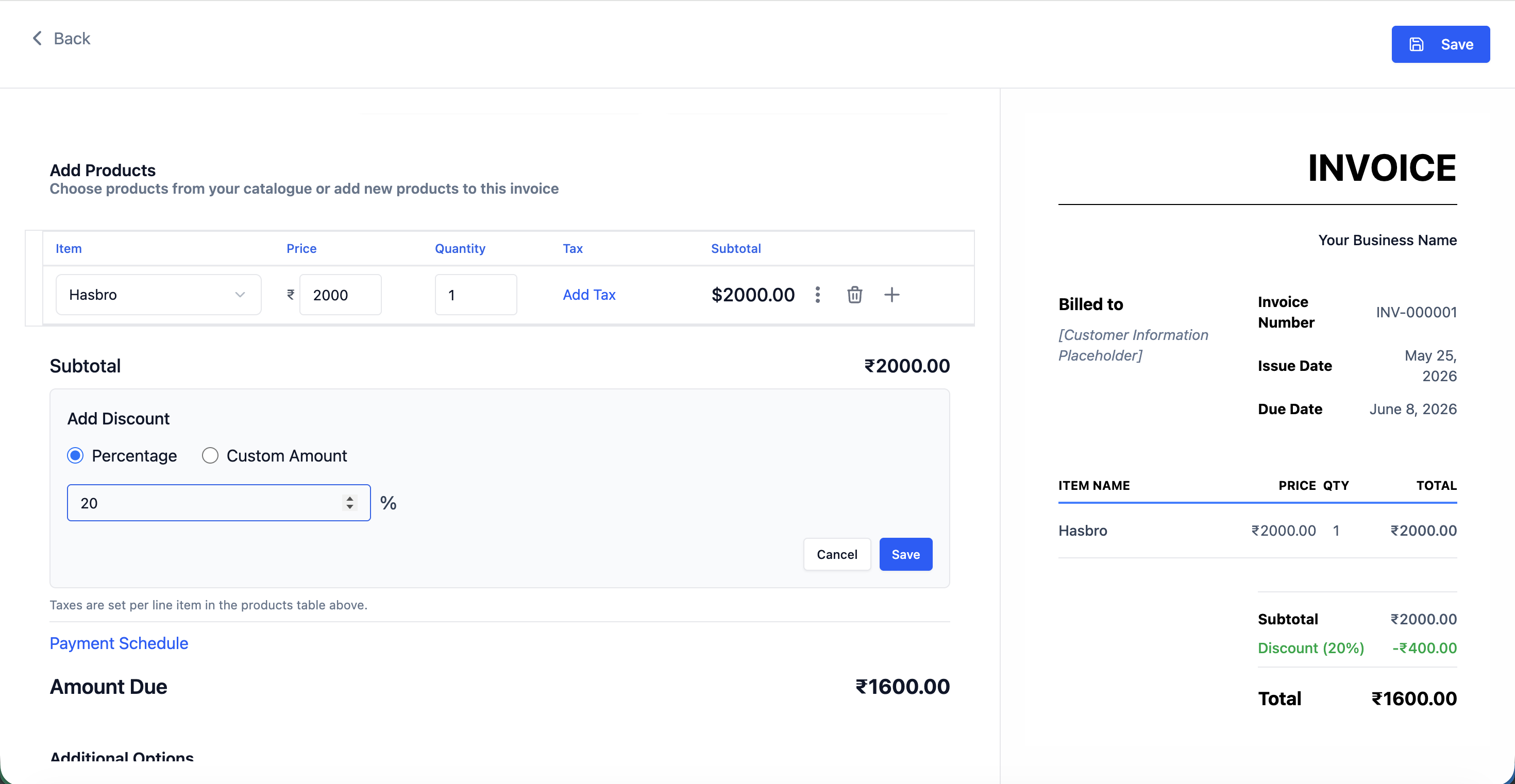 Discount section showing the Percentage / Fixed Amount toggle and the discount amount input
