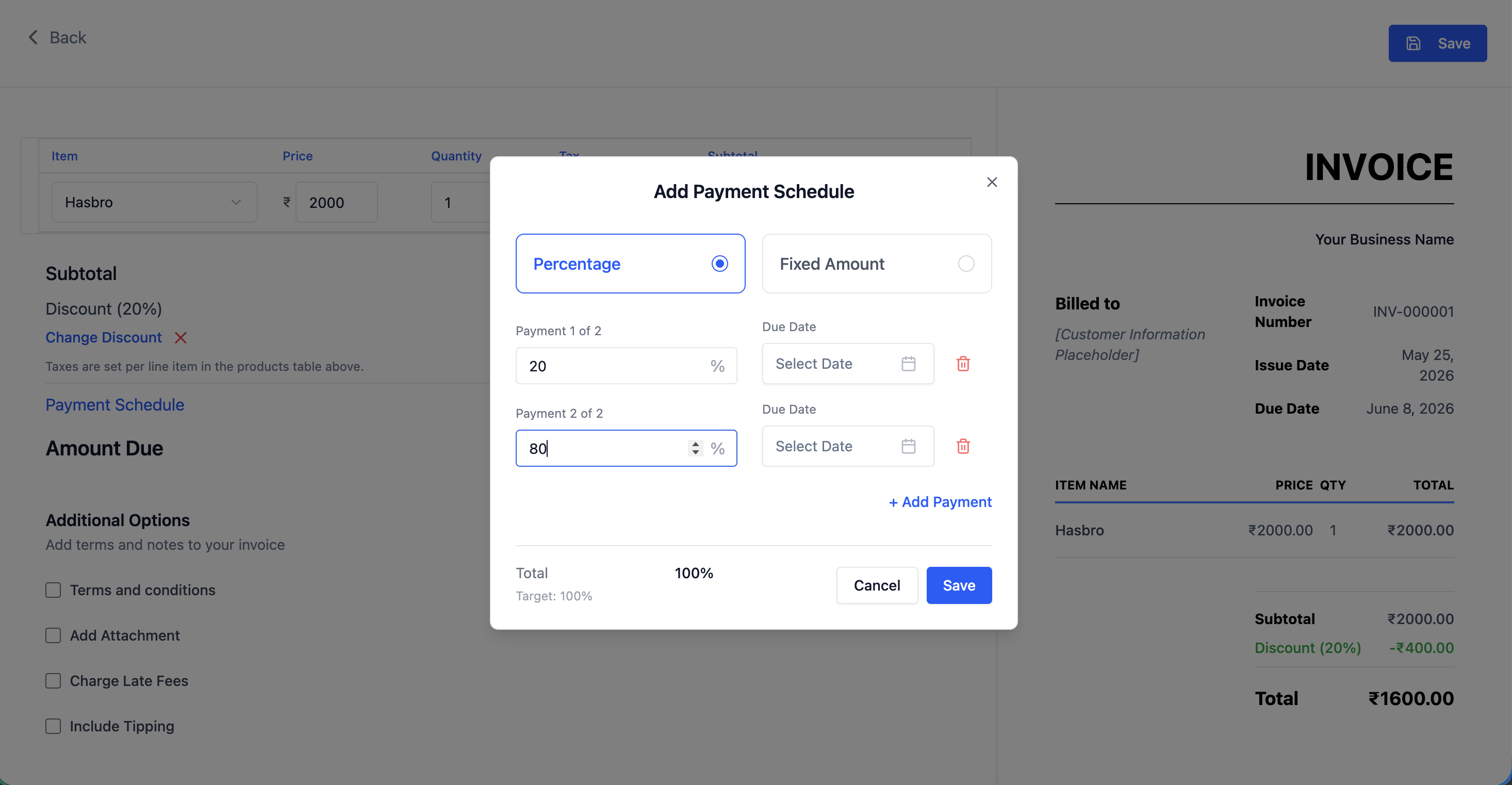 Payment Schedule section showing two instalment rows with percentage and due date fields
