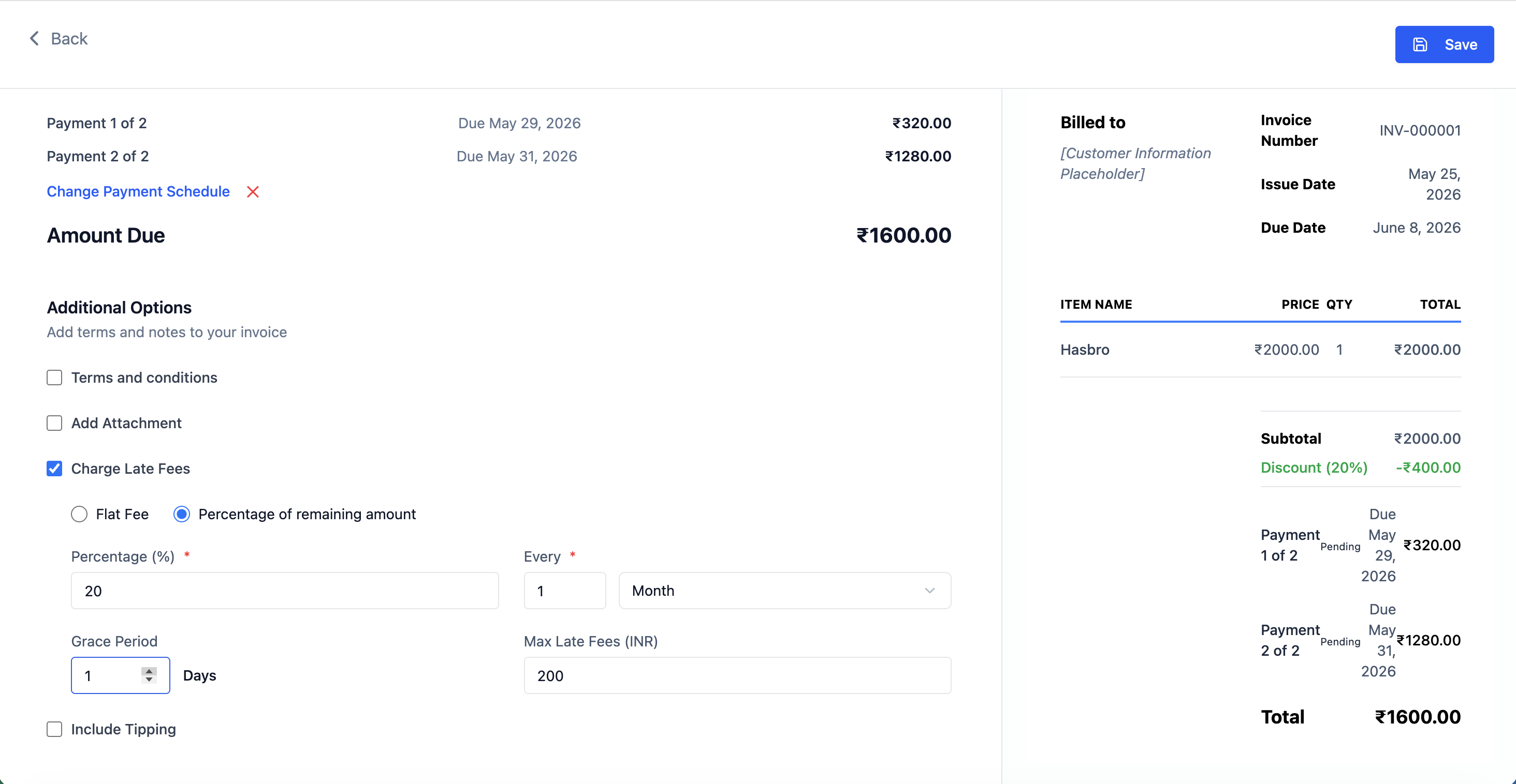 Late Fees section showing grace period input, fee type selector, and fee value field