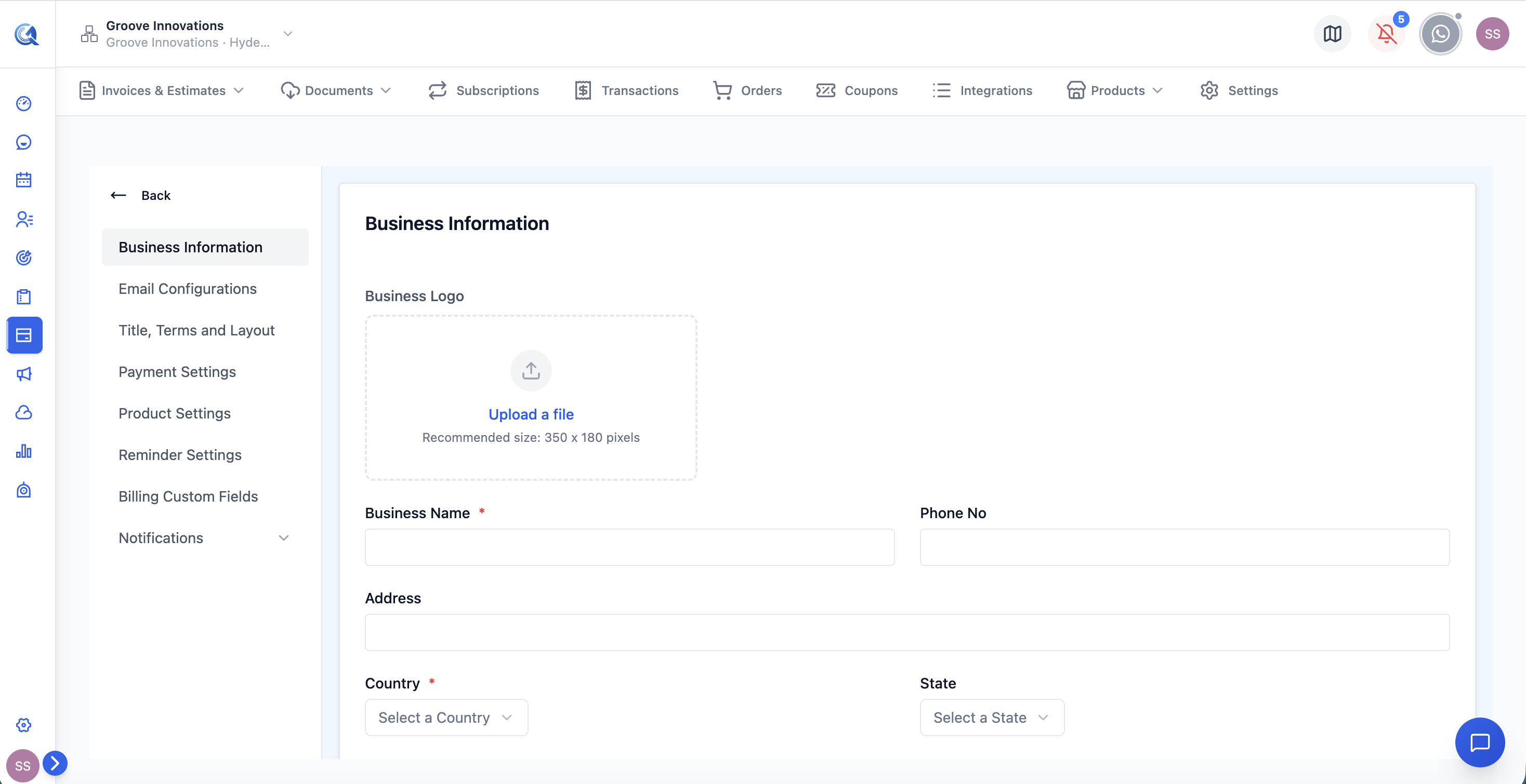 Invoice Settings panel showing invoice number prefix, payment terms, and reminder configuration
