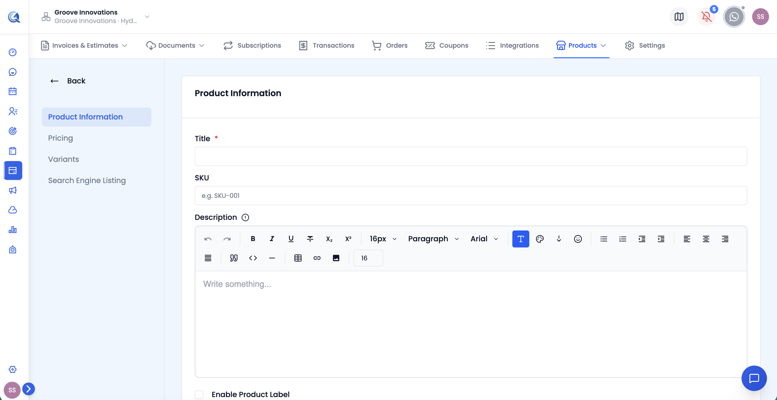 Product Information section showing title, SKU, description, status, and featured fields