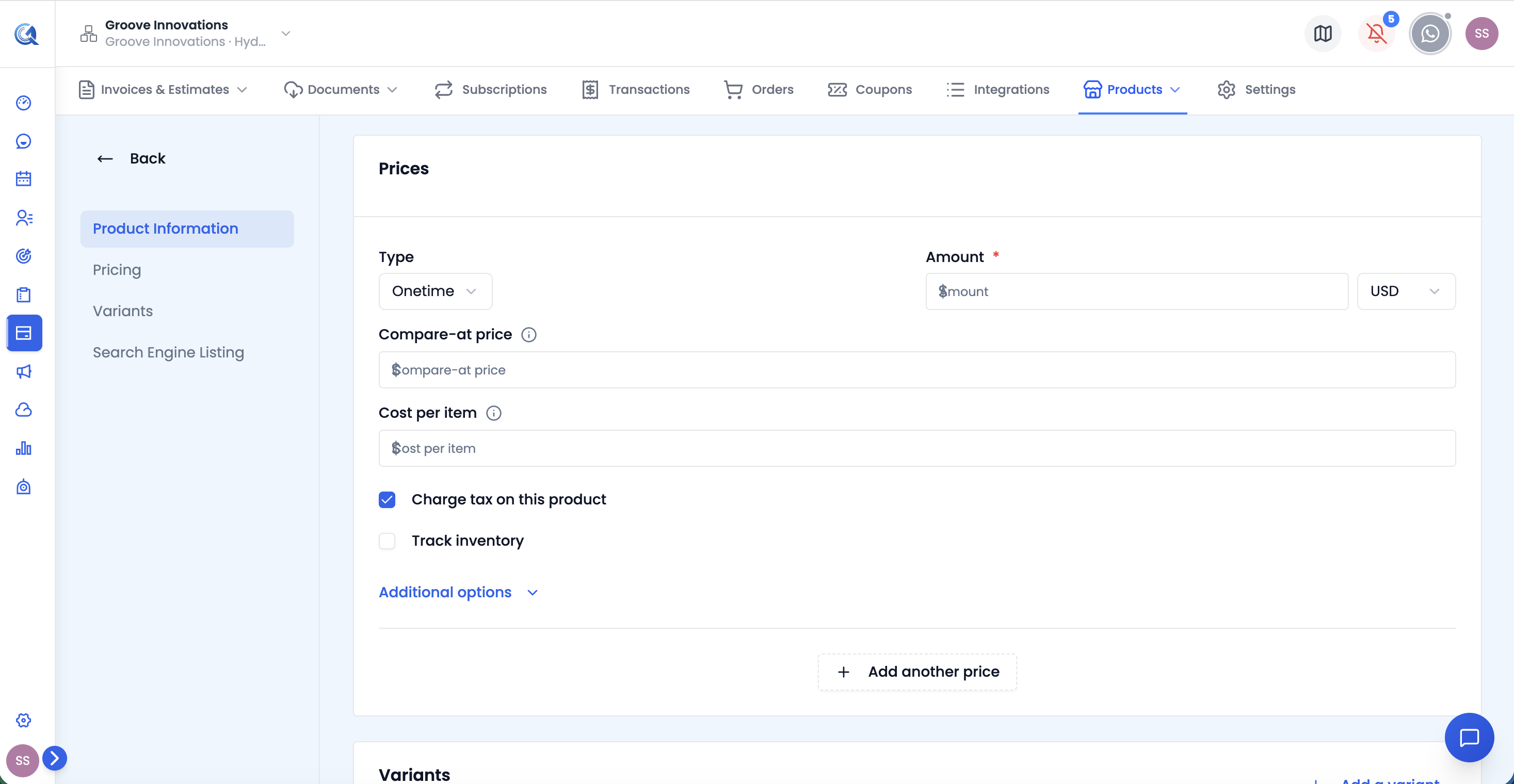 Pricing section showing the One-time vs Recurring toggle and the price, compare-at price, cost, and currency fields