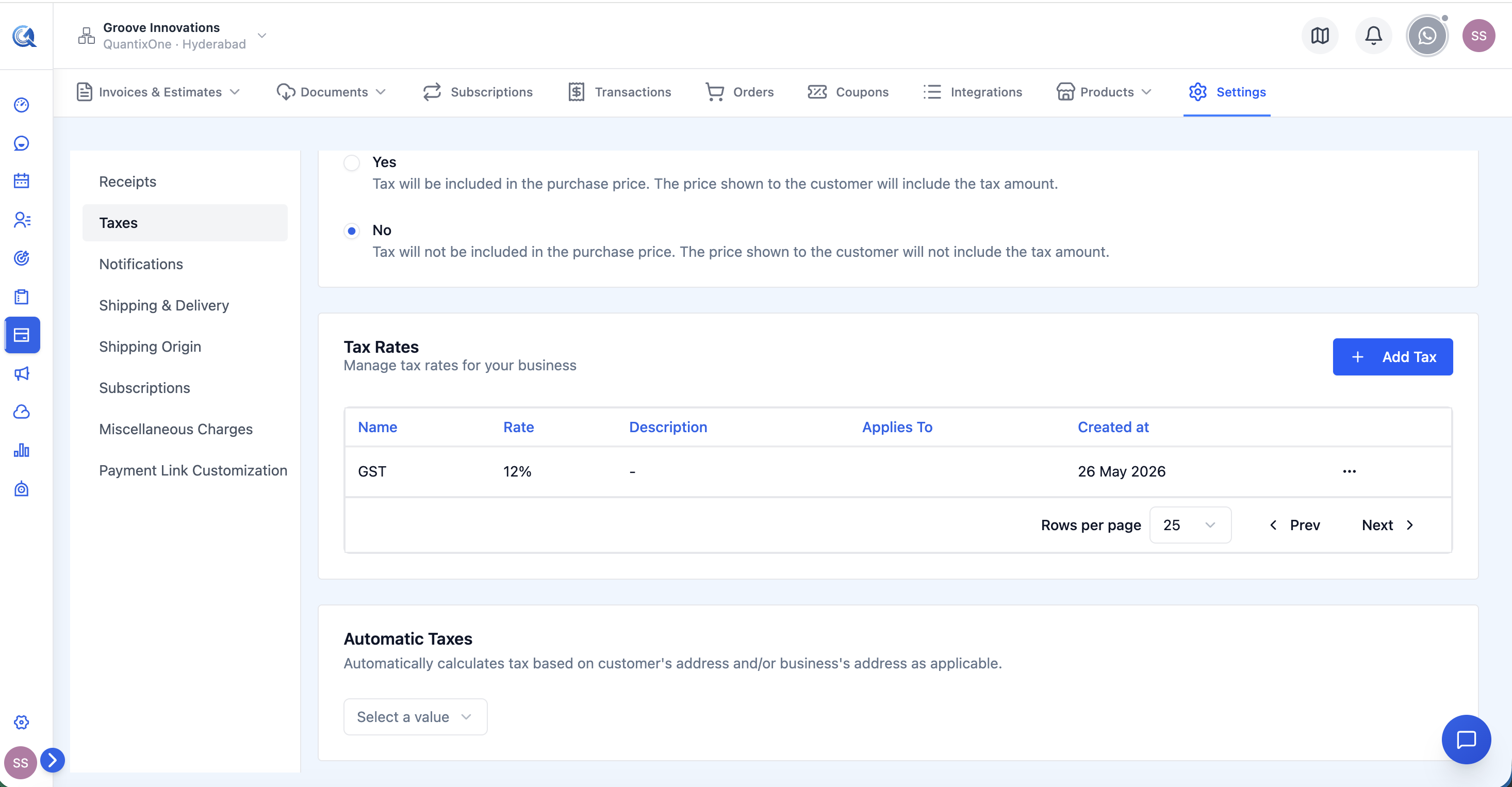 Tax rates table showing existing rates with Name, Rate, Description, Tax Agency, and Created At columns