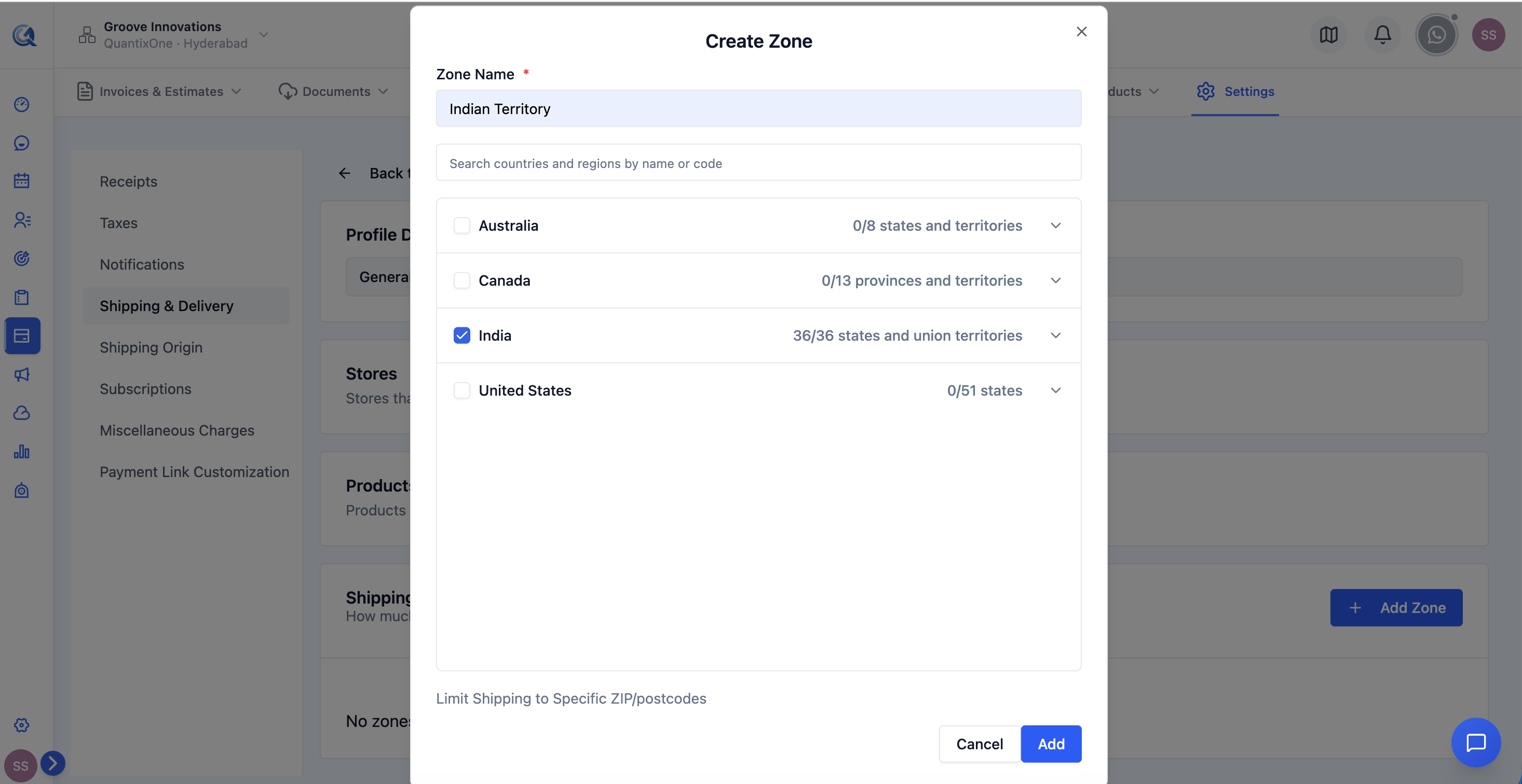 Shipping zone creation form showing zone name field and country/state selection tree