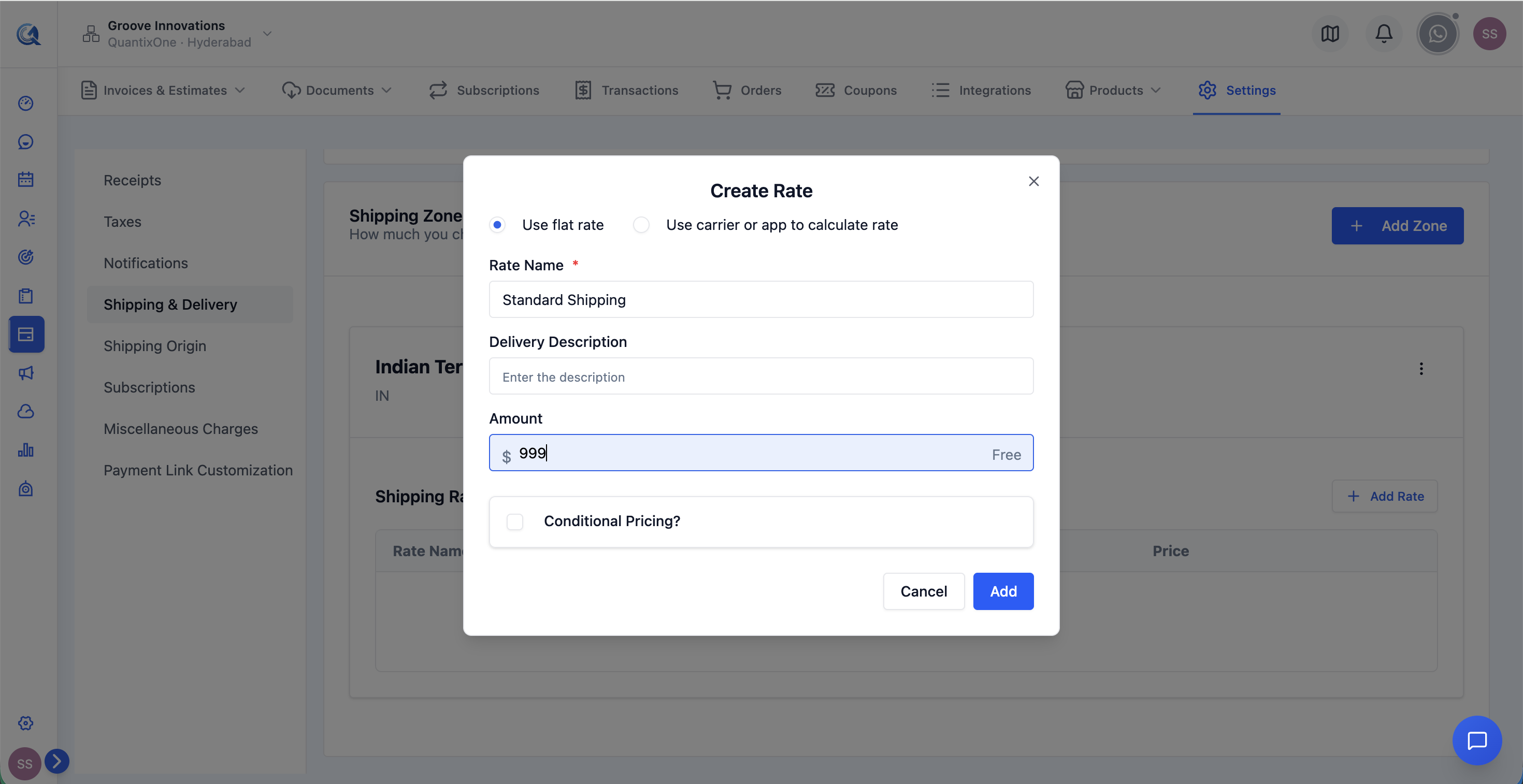 Add Shipping Rate dialog showing Rate Name, Condition Type, Minimum Value, Maximum Value, and Shipping Price fields