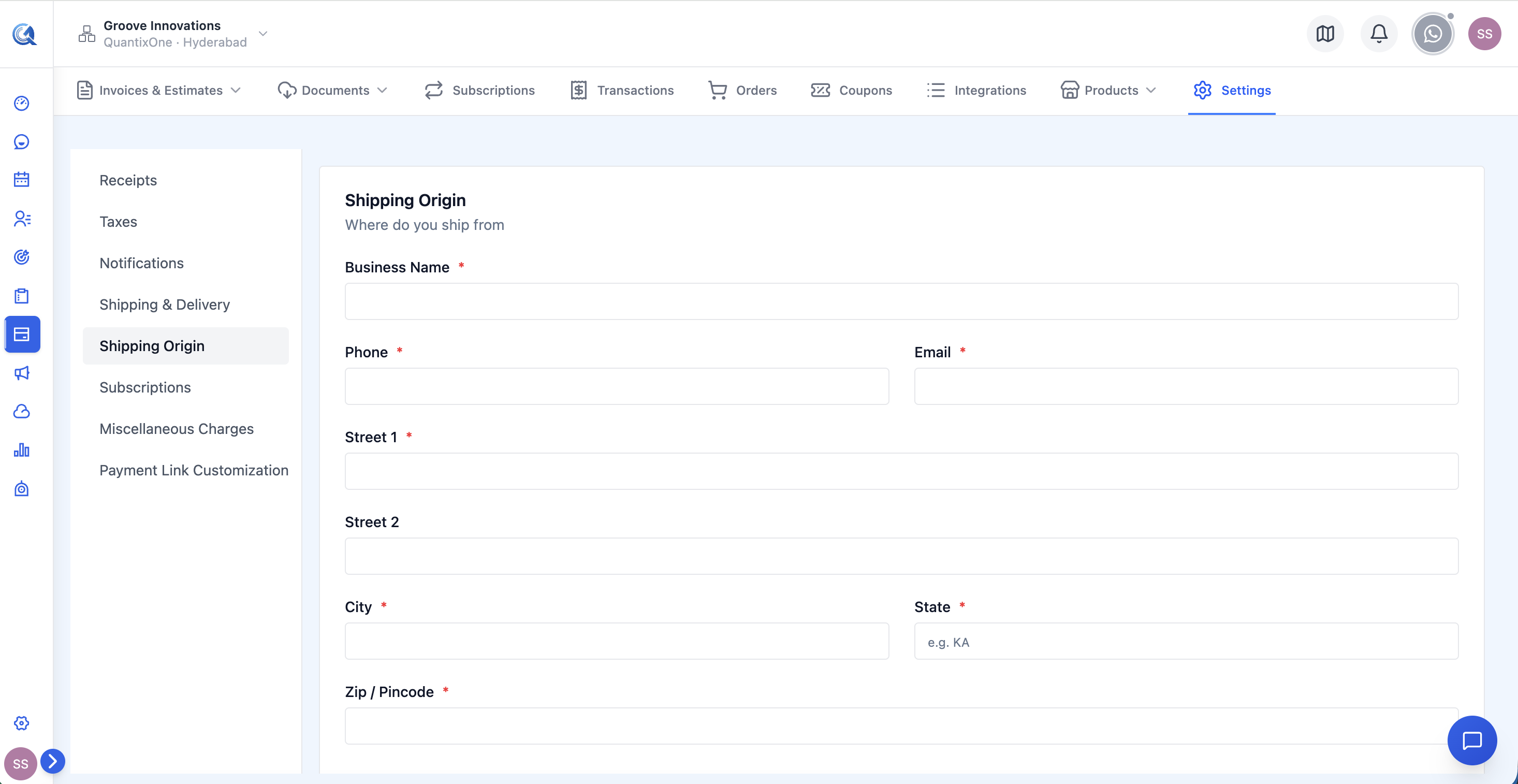 Shipping Origin card showing address fields for street, city, state, postcode, and country