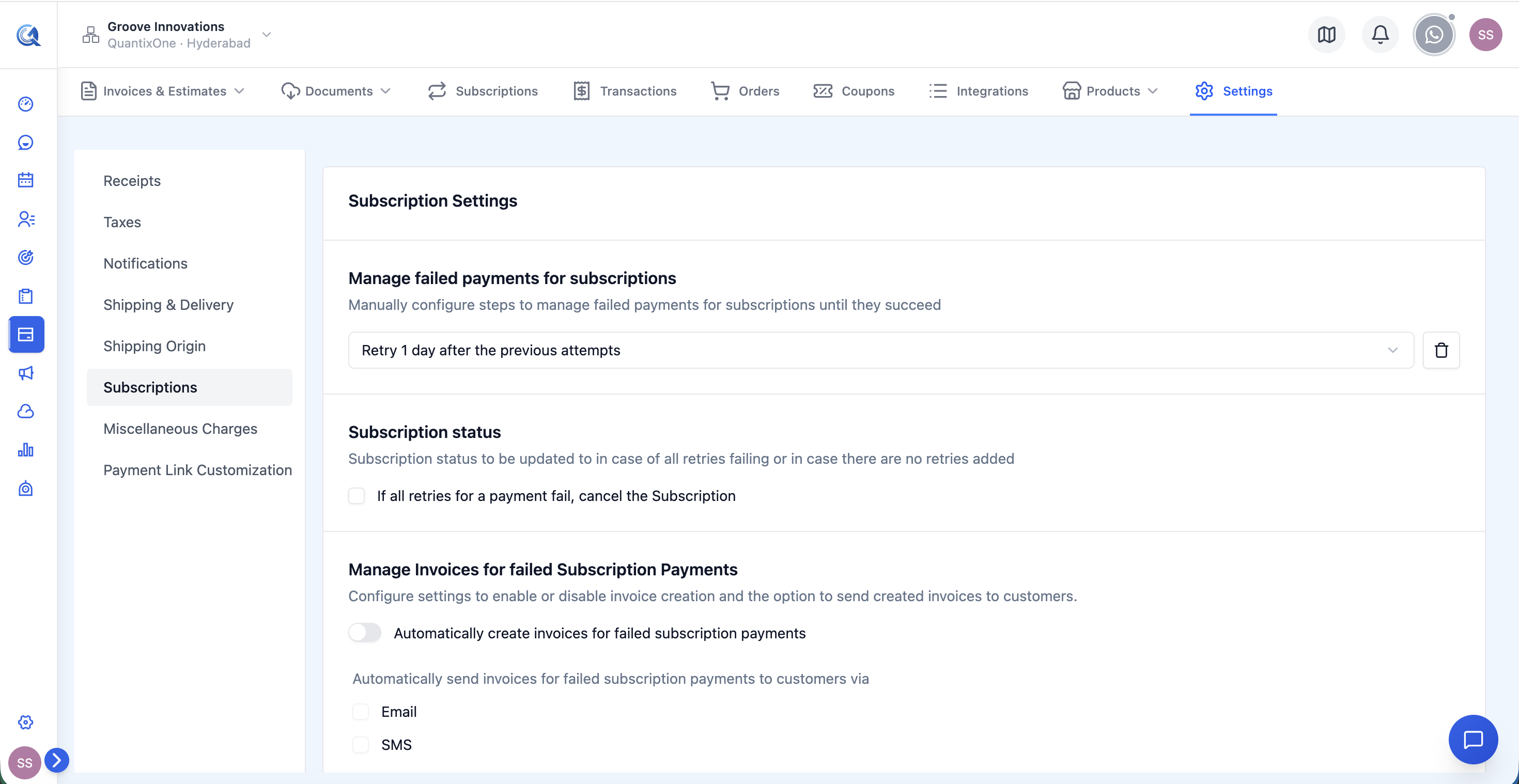 Subscription Defaults section showing Default Billing Interval dropdown and Default Trial Period input