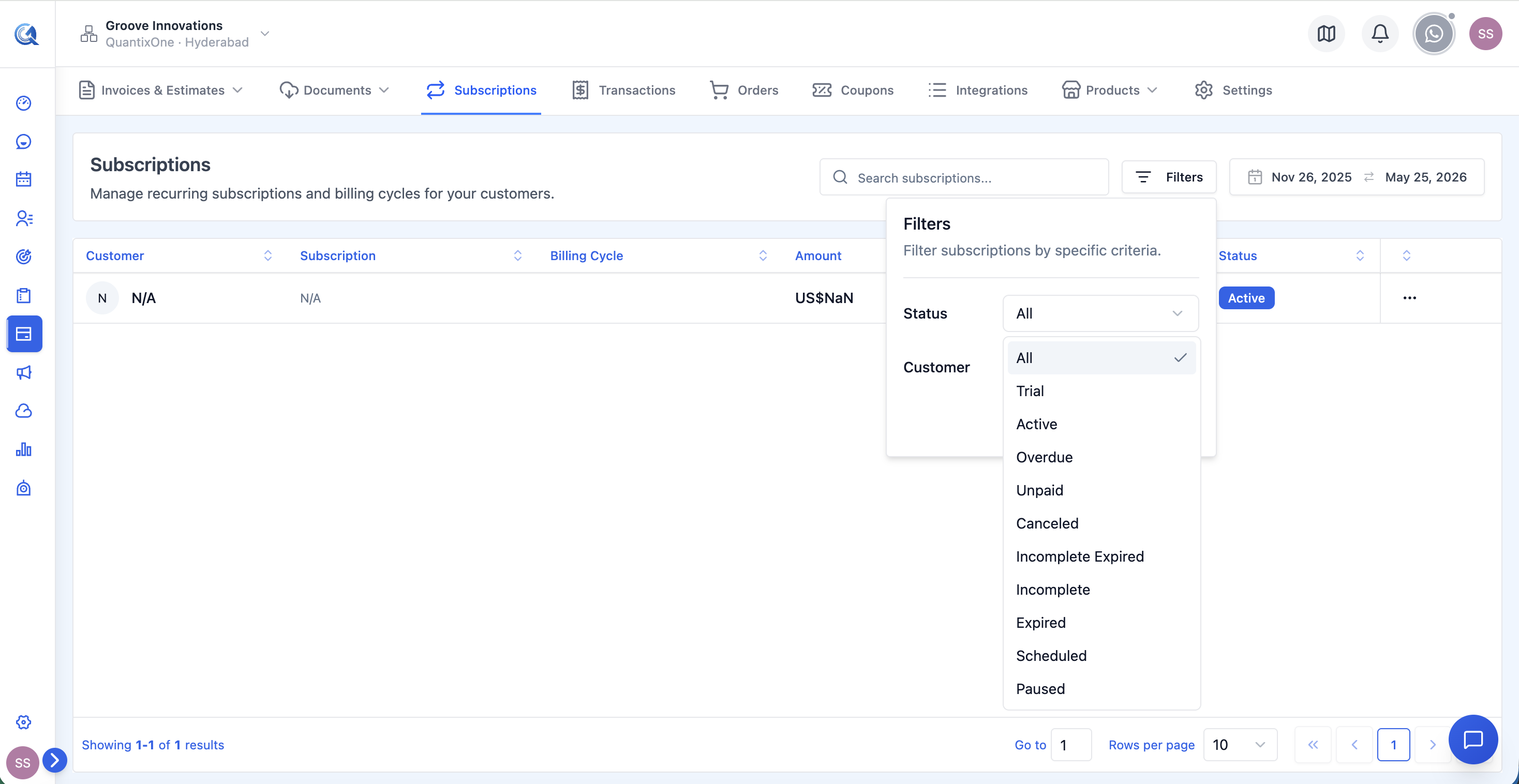 Subscriptions filter panel showing Status dropdown, Customer selector, and Date Range picker