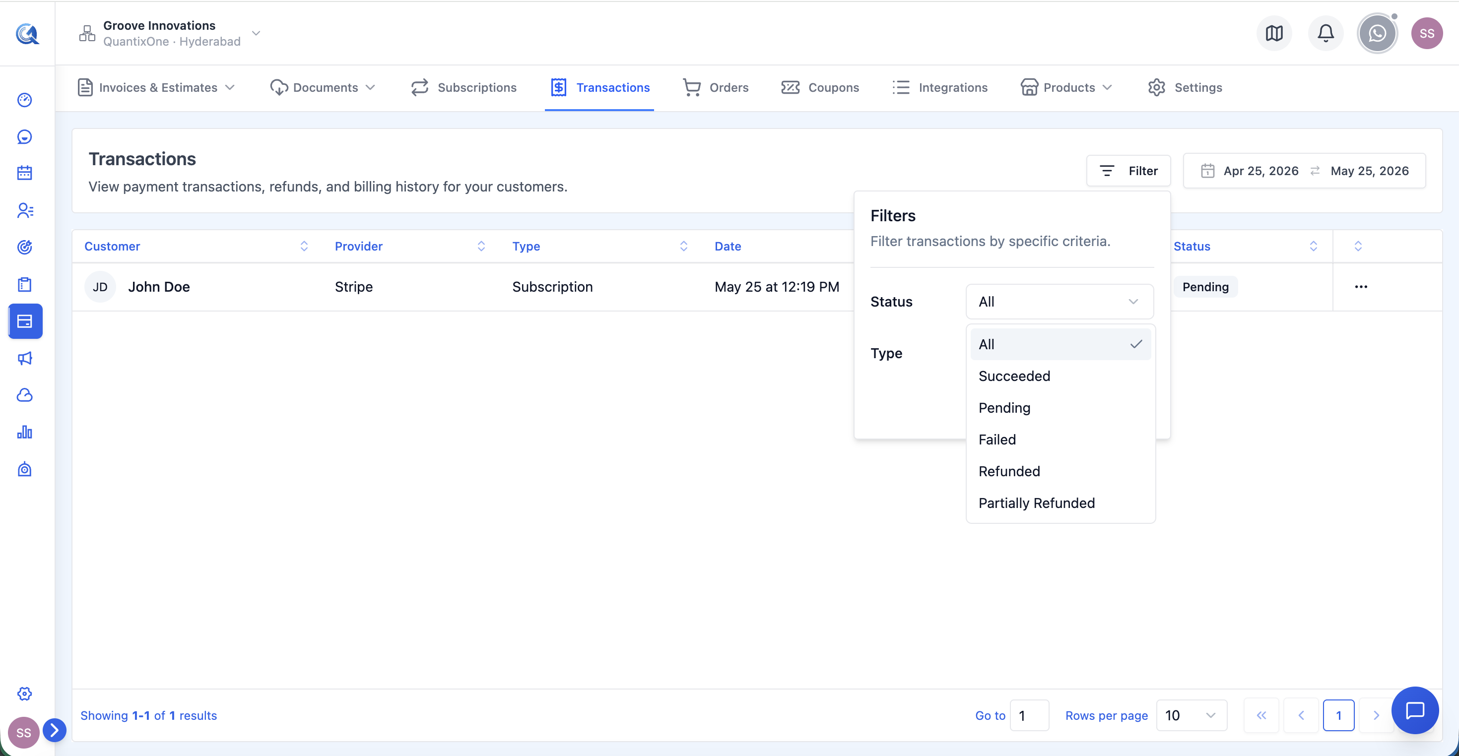 Transactions filter panel showing Status dropdown, Date Range picker, and Contact selector
