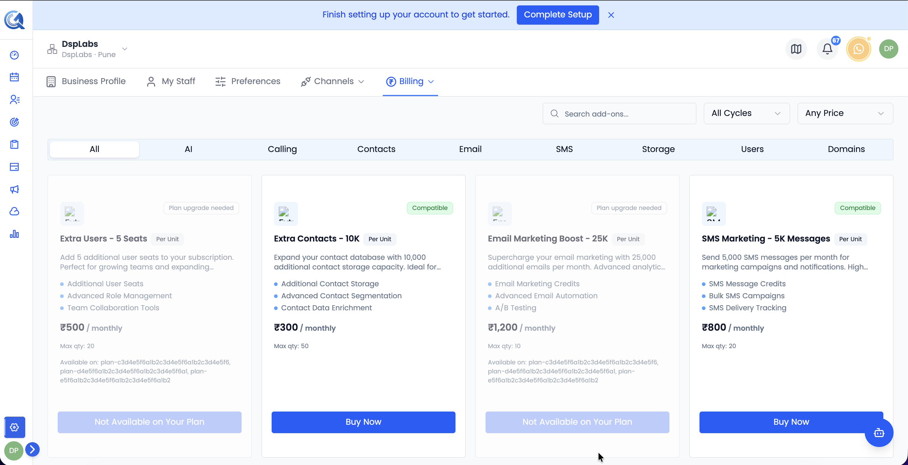 Add-on cards showing name, description, price, and status for each available add-on