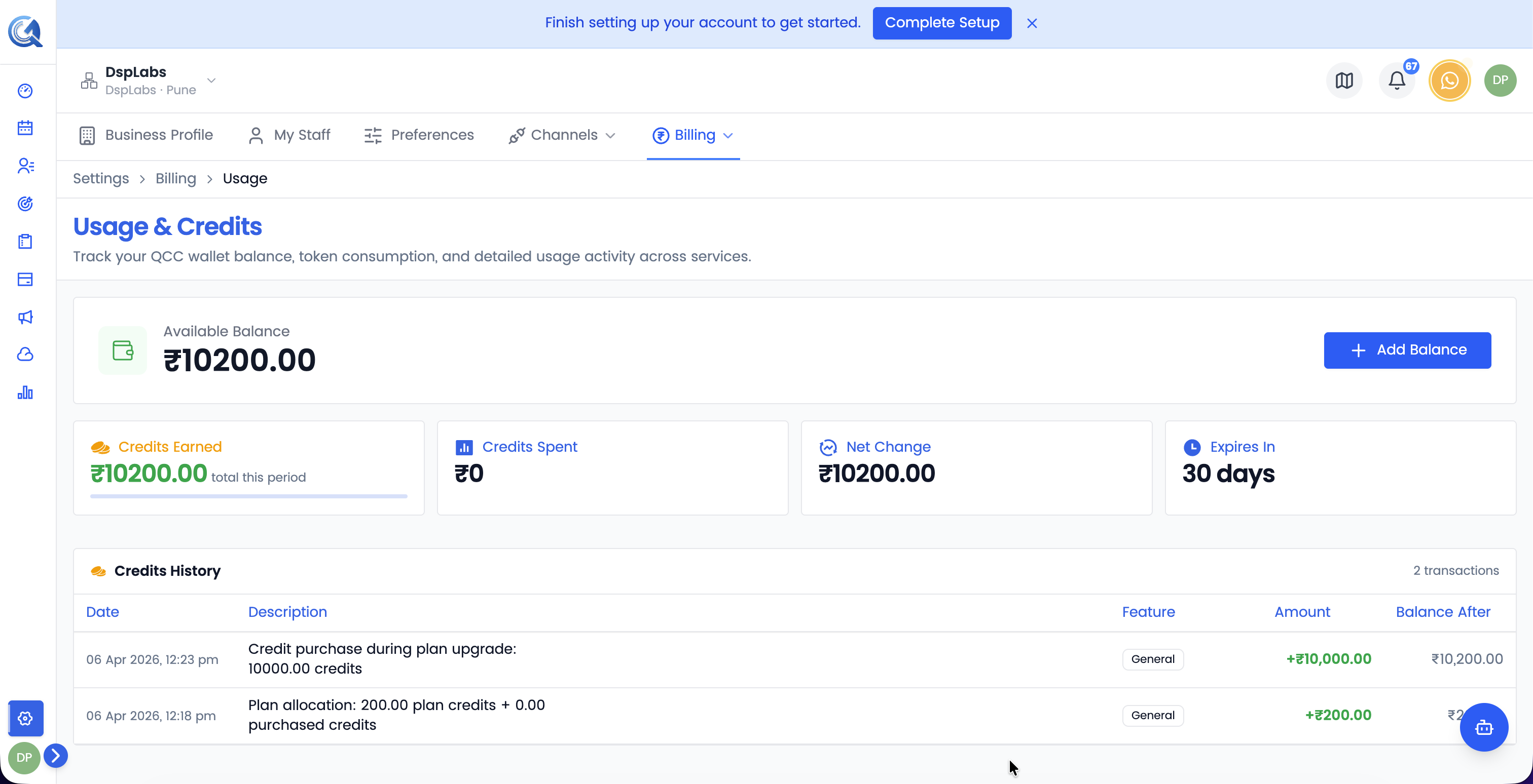 Credit balance card showing remaining credits and usage breakdown