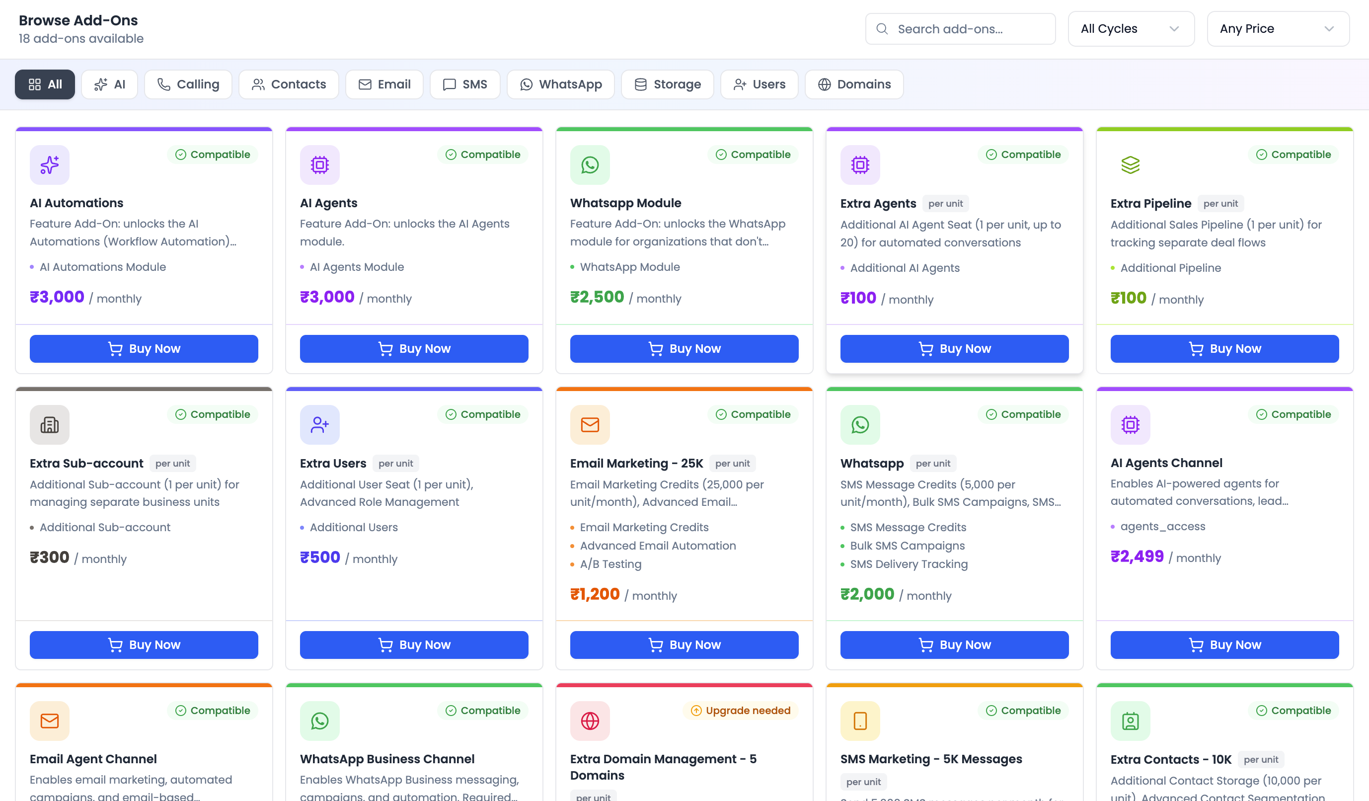 Plan cards grid on the Plans tab showing Starter, Professional, Ultimate, and Enterprise tiers