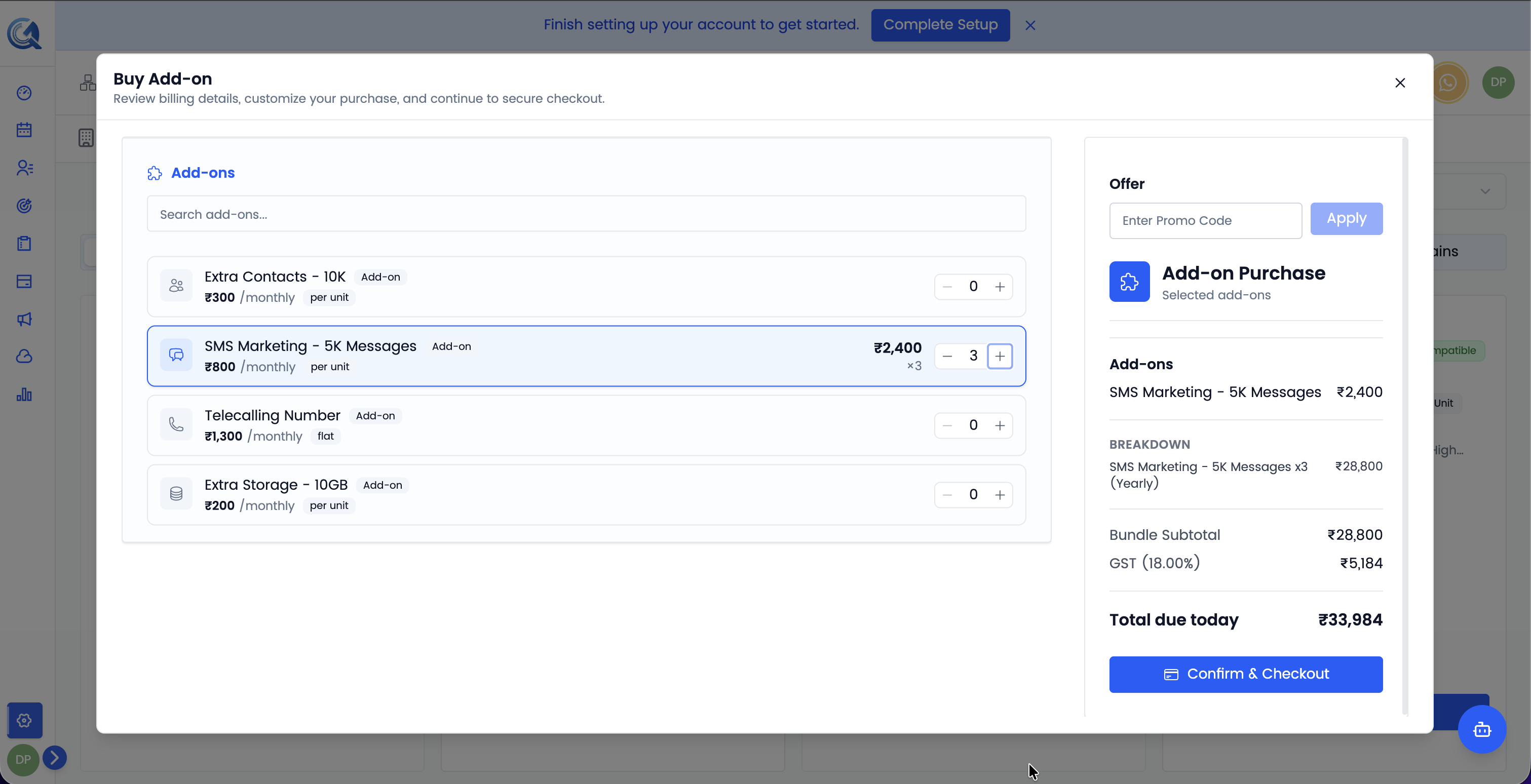 Add-on purchase confirmation dialog showing add-on name, price, and prorated charge