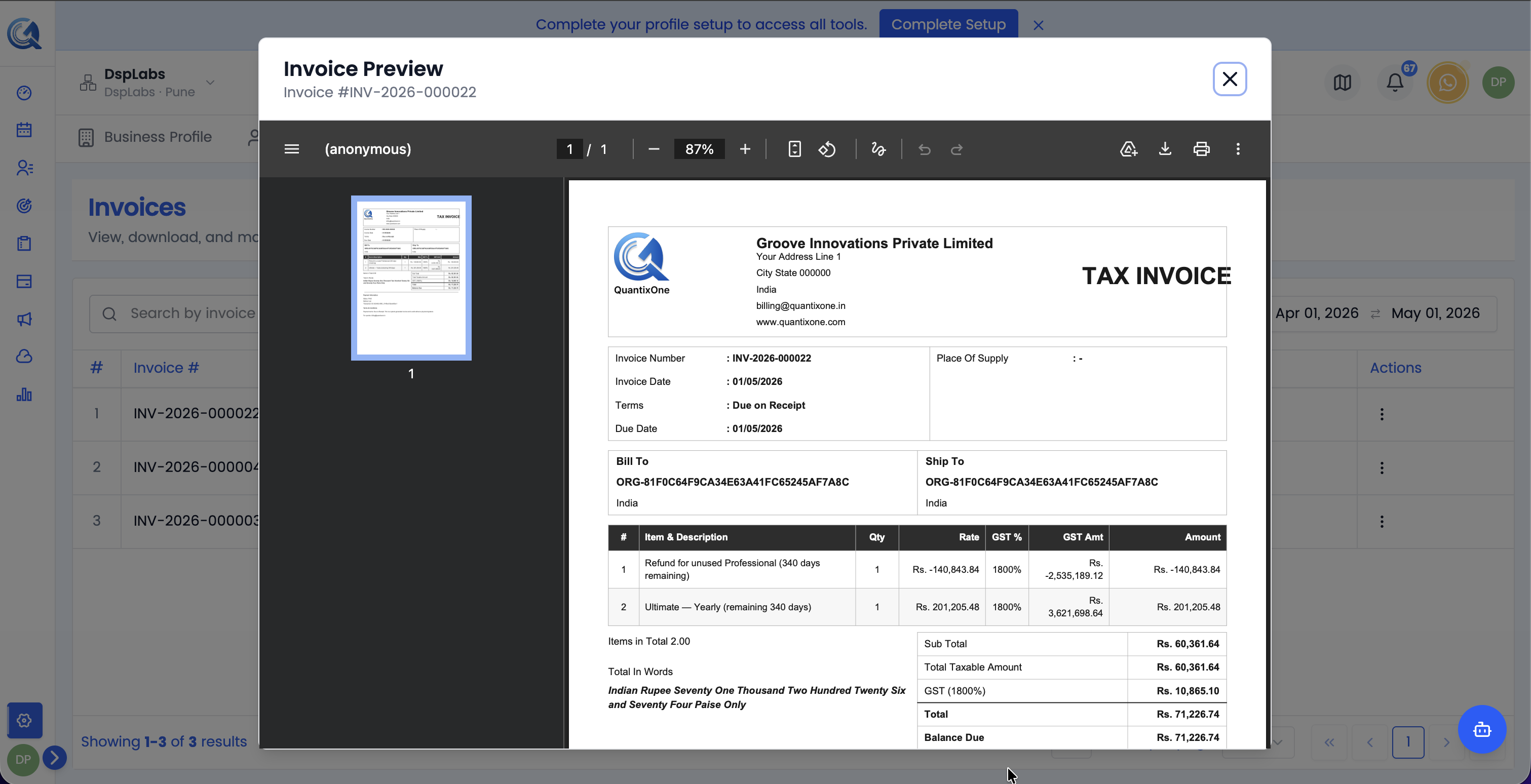 Invoice detail view showing itemised charges, billing address, and payment summary