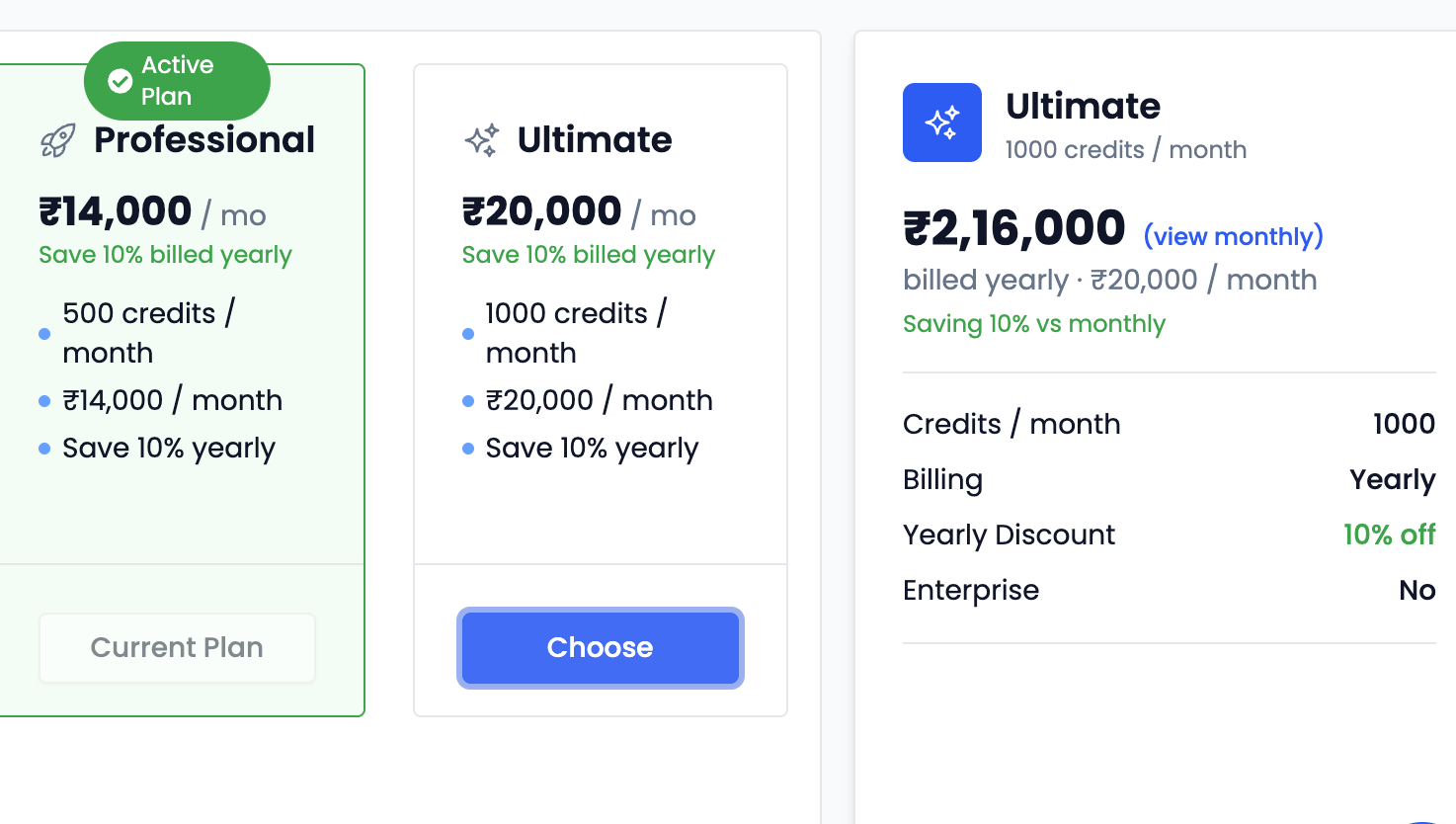 Plan comparison page showing all available tiers side by side