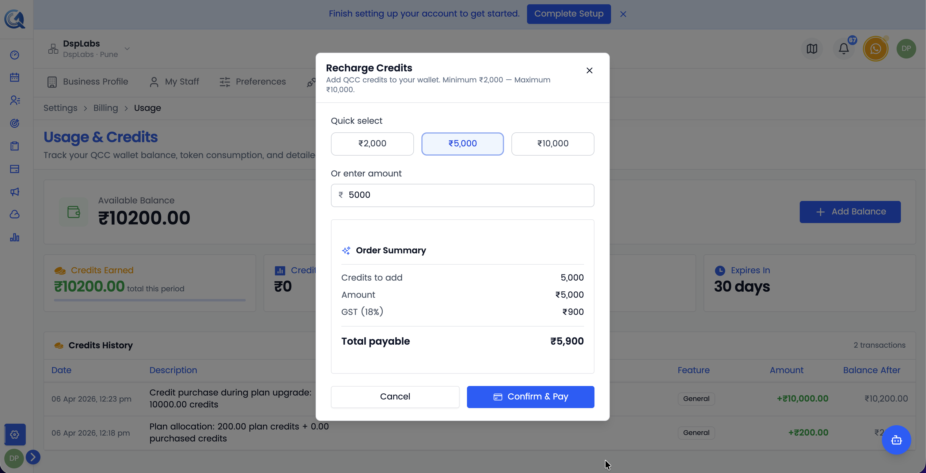 Credit packages showing different amounts and prices