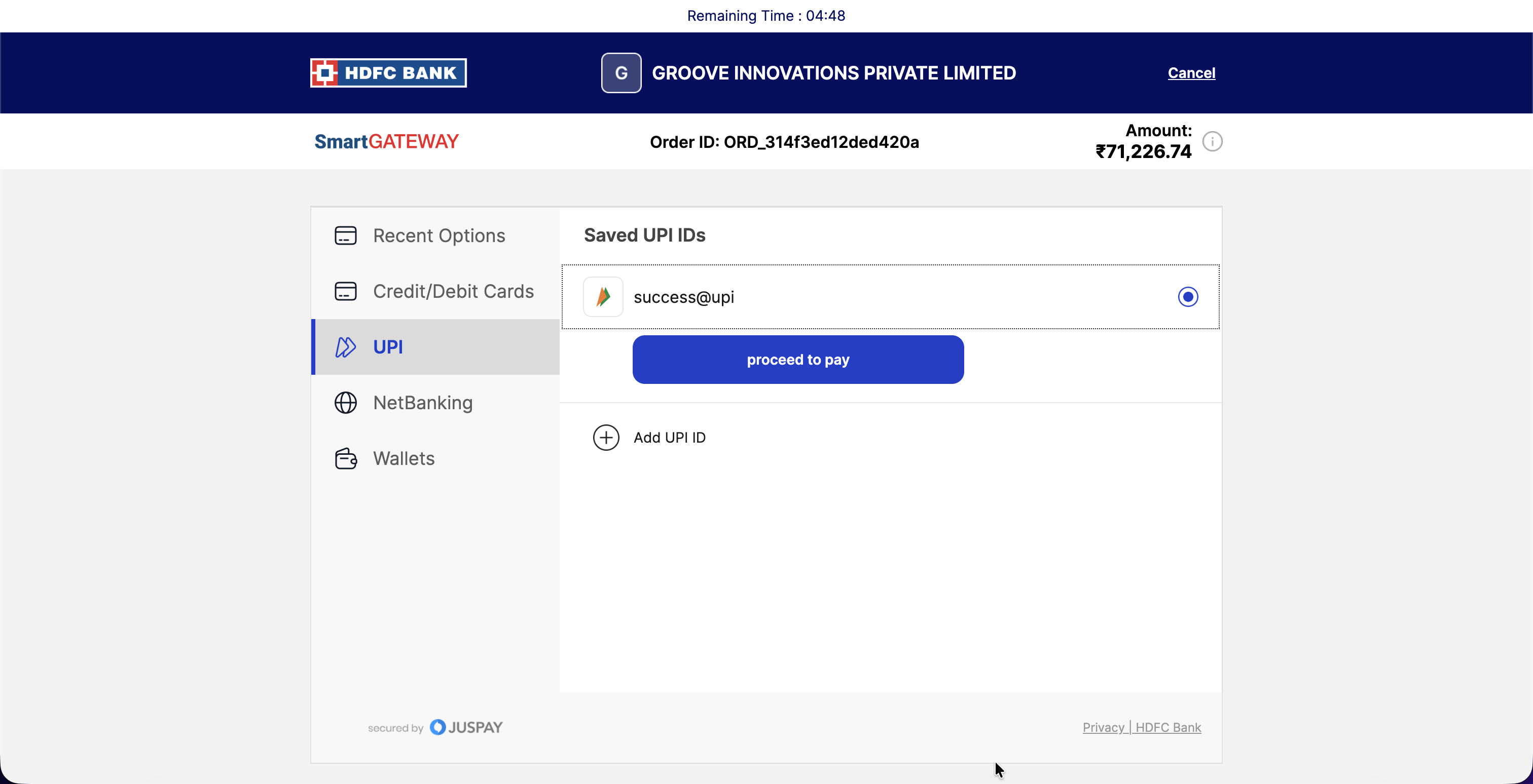 Payment details form for entering card information