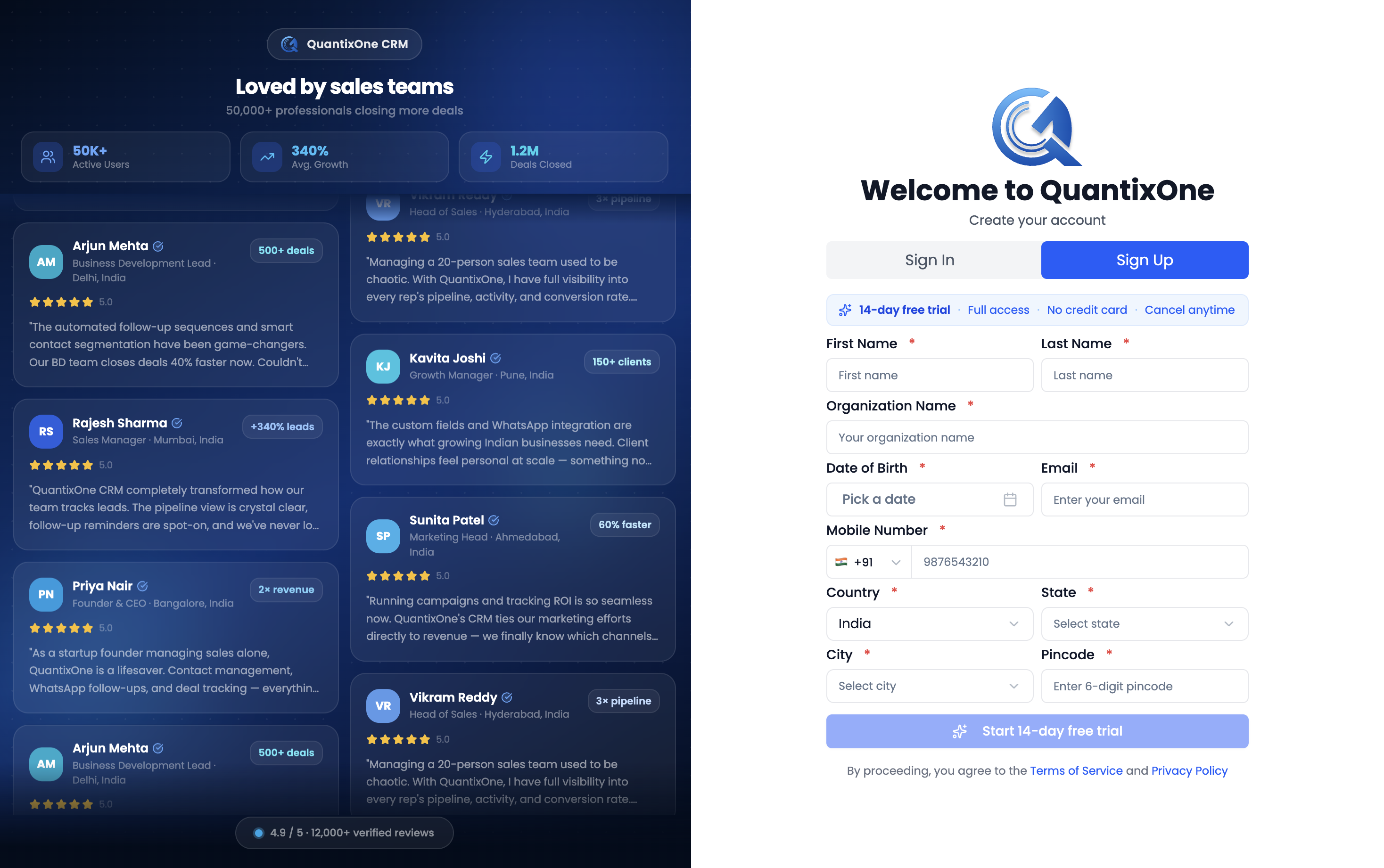 Welcome to QuantixOne Sign Up page
