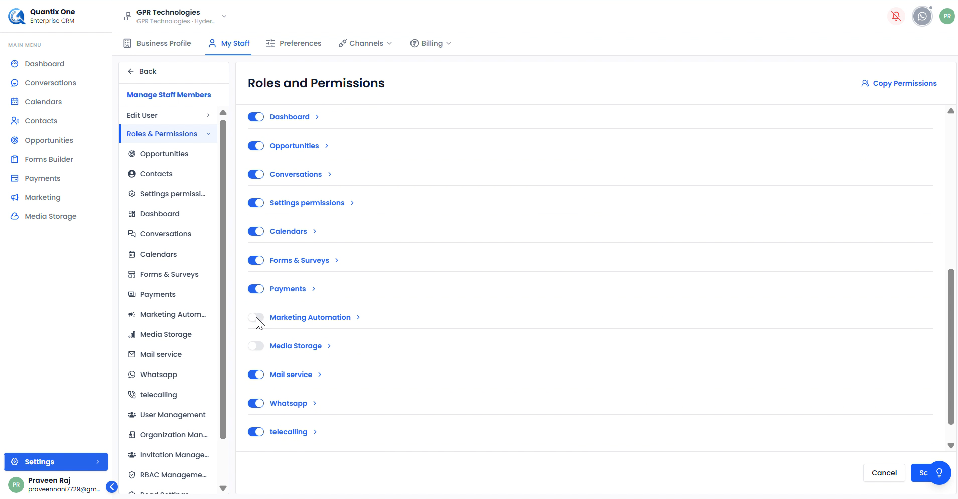 Disabling permissions