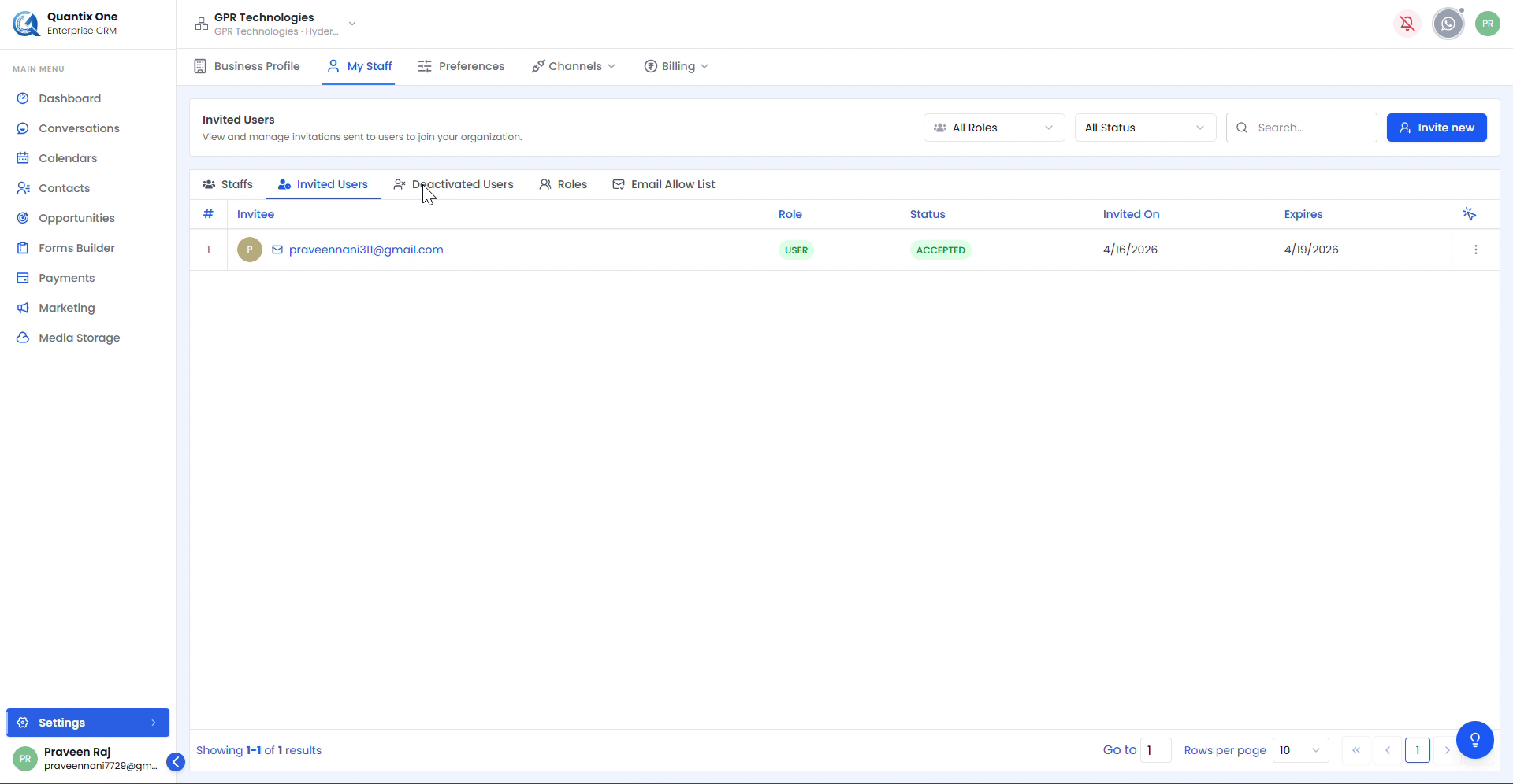 My Staff – Invited Users